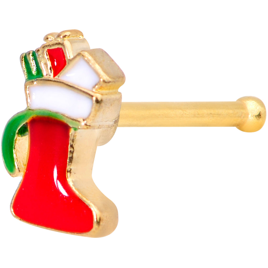 BodyCandy 20G 7mm Gold Tone Red White Christmas Stocking Nose Bone — main product shot
