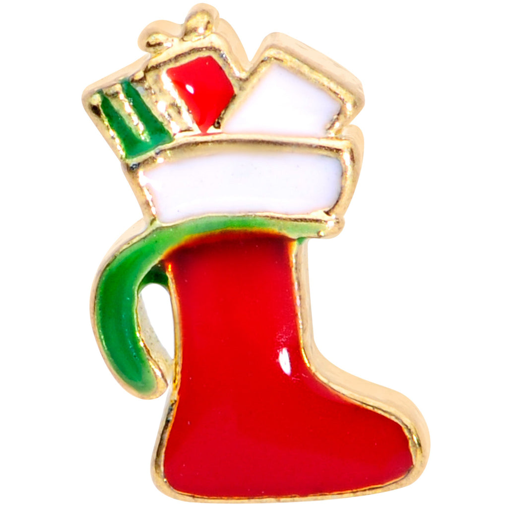 BodyCandy 20G 7mm Gold Tone Red White Christmas Stocking Nose Bone — detail close-up