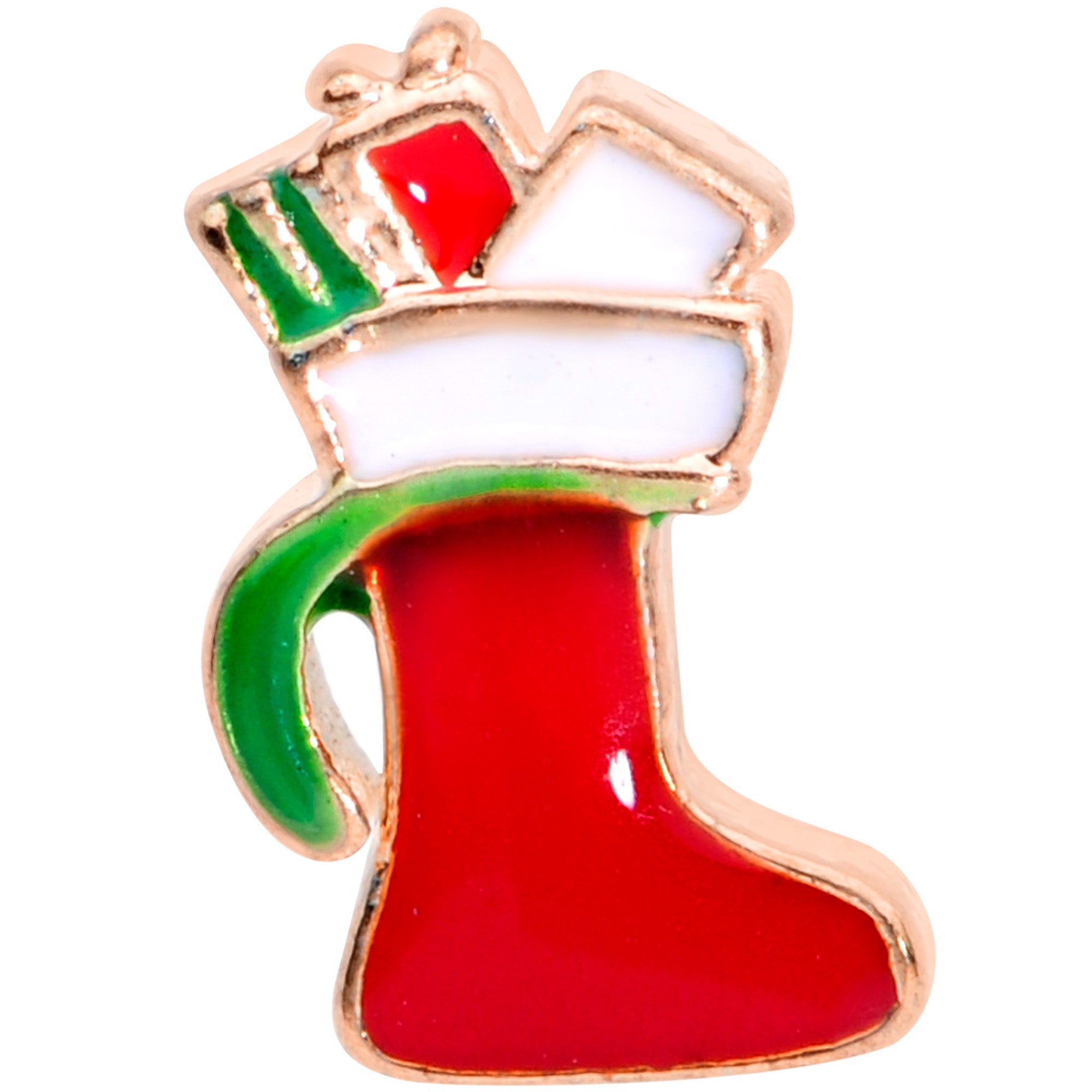 BodyCandy 20G 7mm Rose Gold Tone Red White Christmas Stocking Nose Bone — detail close-up