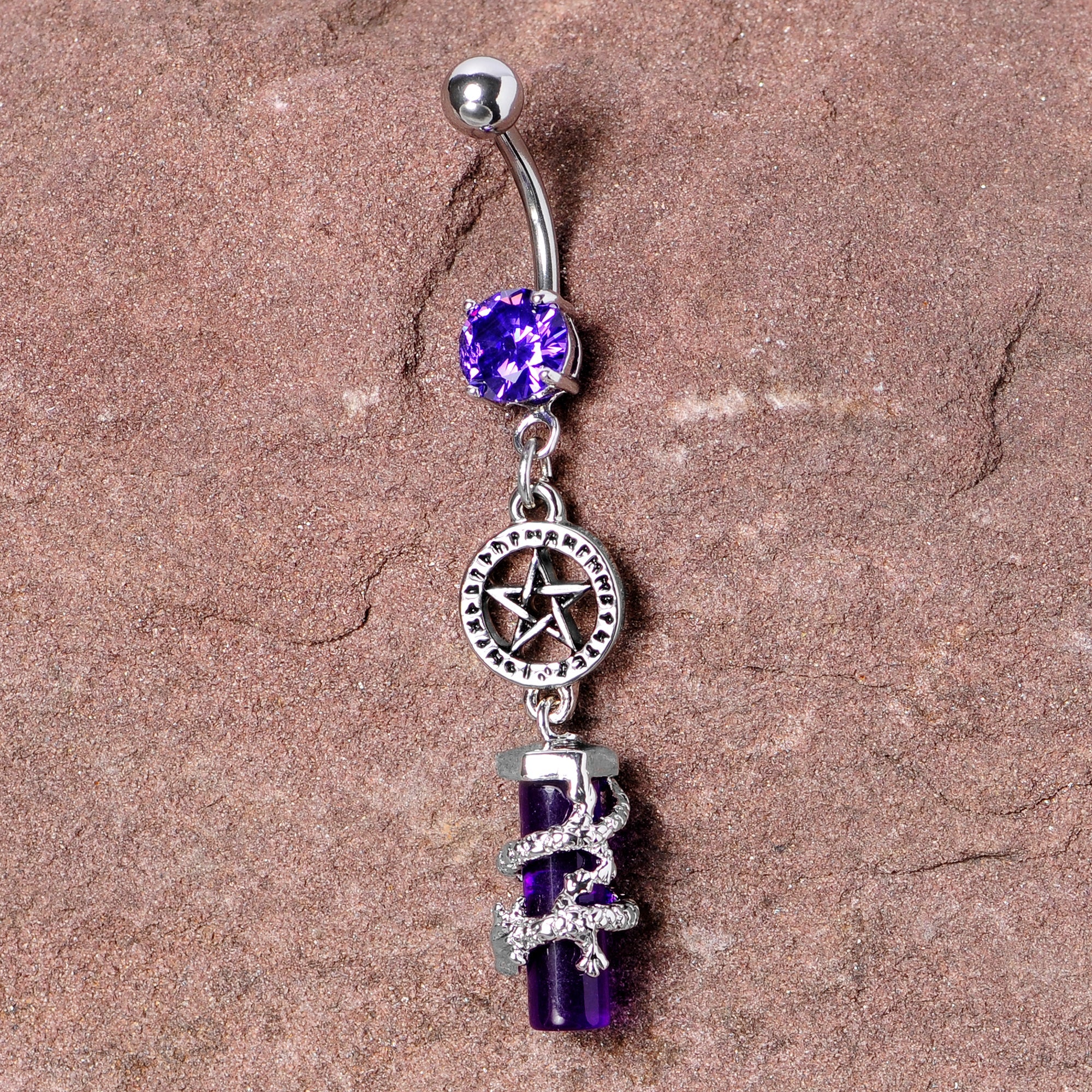 BodyCandy Purple CZ Gem Witch Way Dragon Pentagram Dangle Belly Ring — lifestyle context