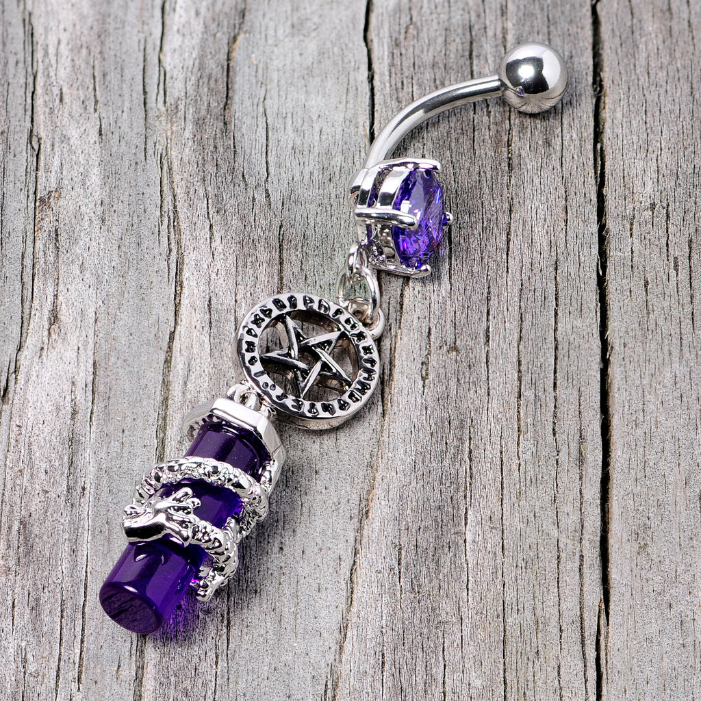 BodyCandy Purple CZ Gem Witch Way Dragon Pentagram Dangle Belly Ring — side view