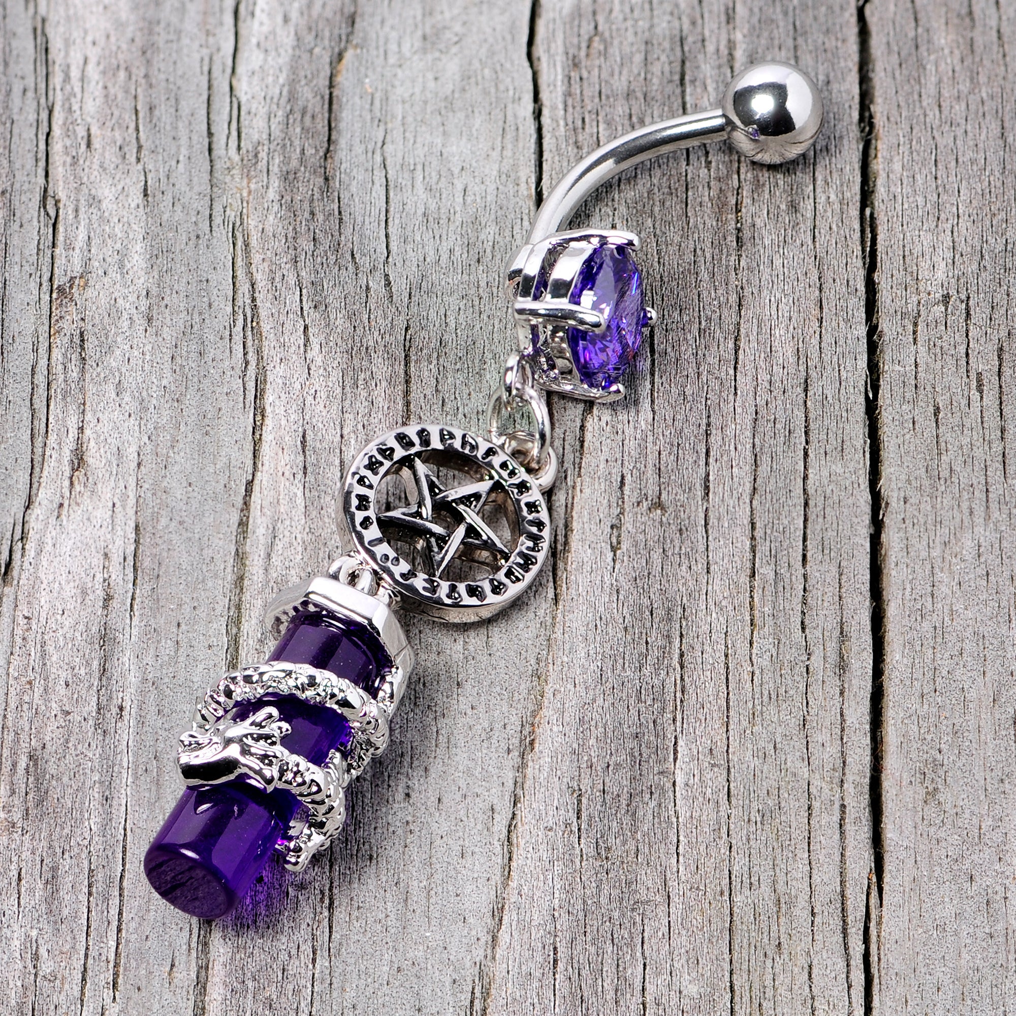 BodyCandy Purple CZ Gem Witch Way Dragon Pentagram Dangle Belly Ring — side view