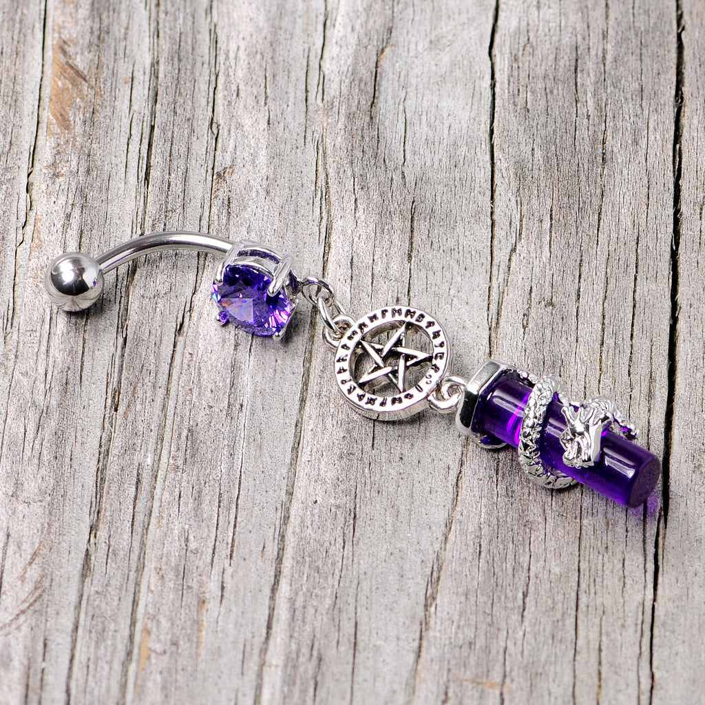 BodyCandy Purple CZ Gem Witch Way Dragon Pentagram Dangle Belly Ring — back view