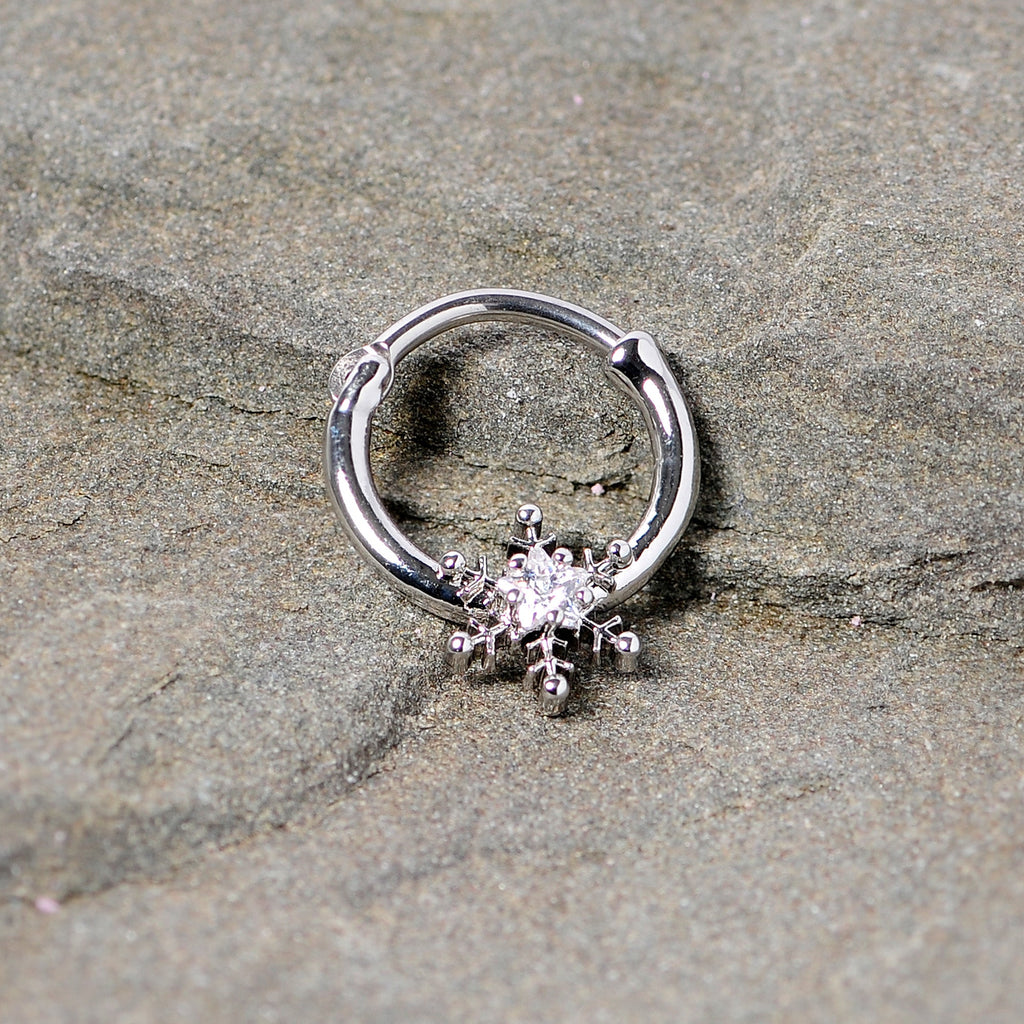 BodyCandy 16G 3/8 Clear Gem Holiday Snowflake Septum Clicker — in-use photo