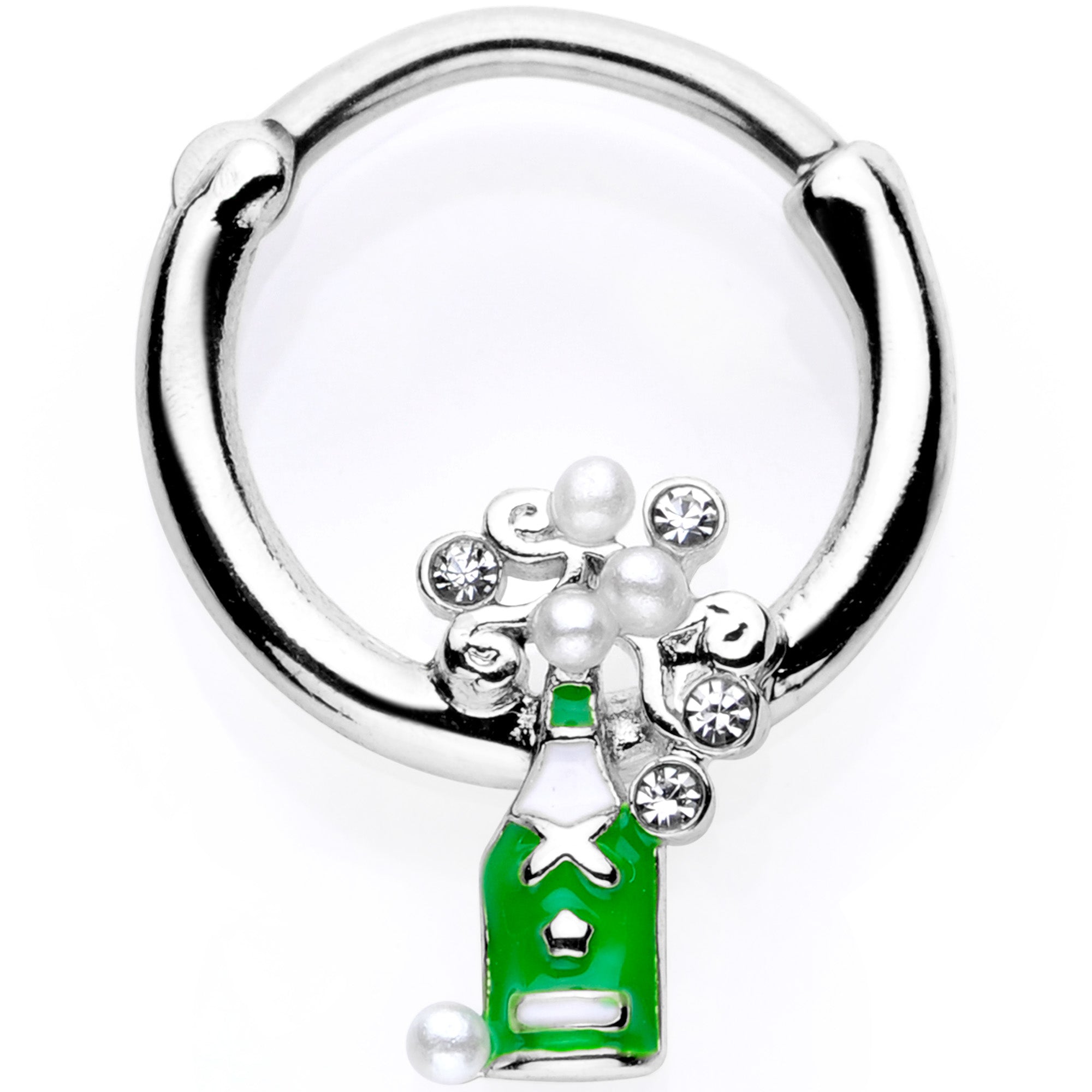 BodyCandy 16G 3/8 Clear Gem Green Champagne Bottle Holiday Septum Clicker — main product shot