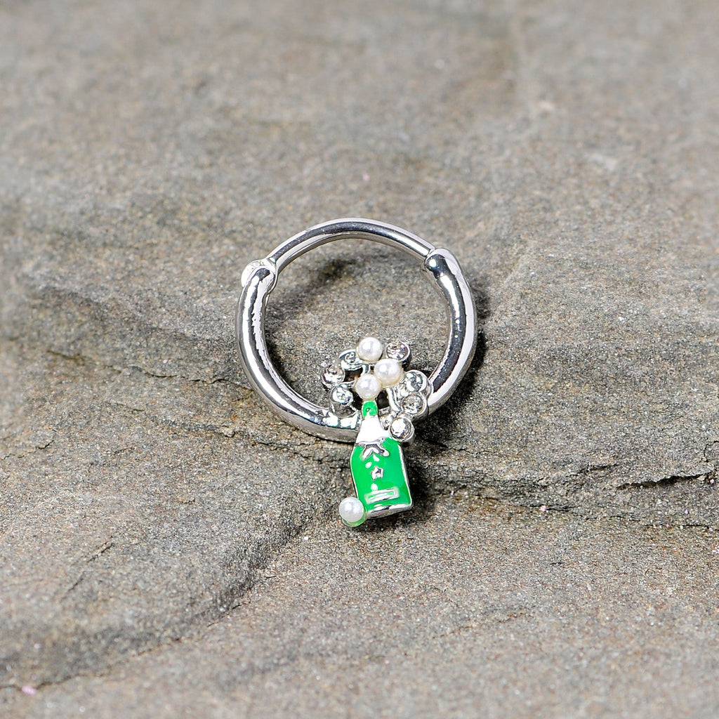 BodyCandy 16G 3/8 Clear Gem Green Champagne Bottle Holiday Septum Clicker — side view