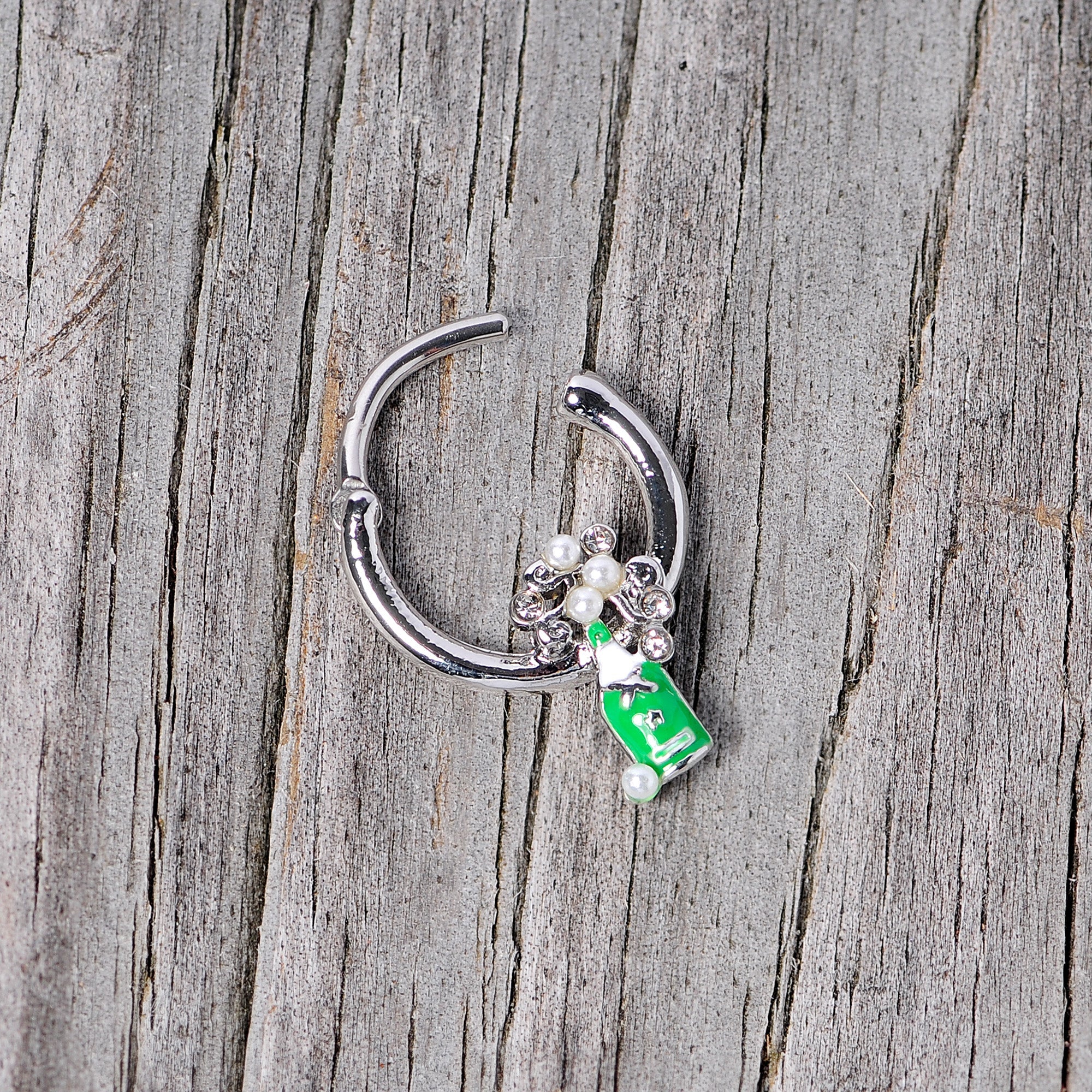 BodyCandy 16G 3/8 Clear Gem Green Champagne Bottle Holiday Septum Clicker — alternative angle