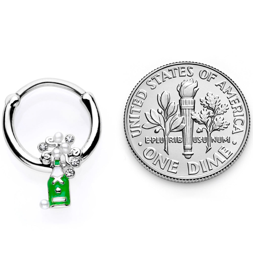 BodyCandy 16G 3/8 Clear Gem Green Champagne Bottle Holiday Septum Clicker — in-use photo