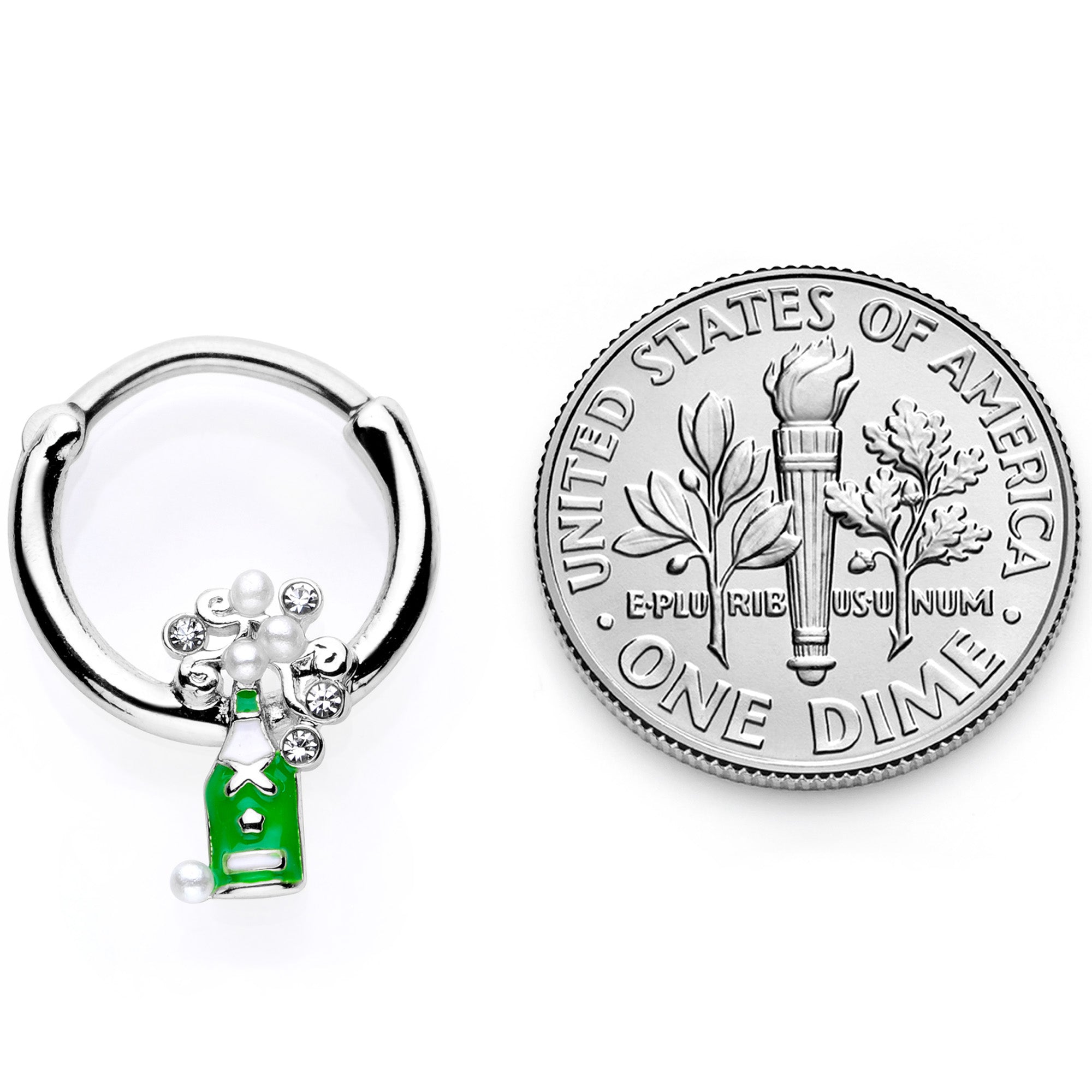 BodyCandy 16G 3/8 Clear Gem Green Champagne Bottle Holiday Septum Clicker — in-use photo