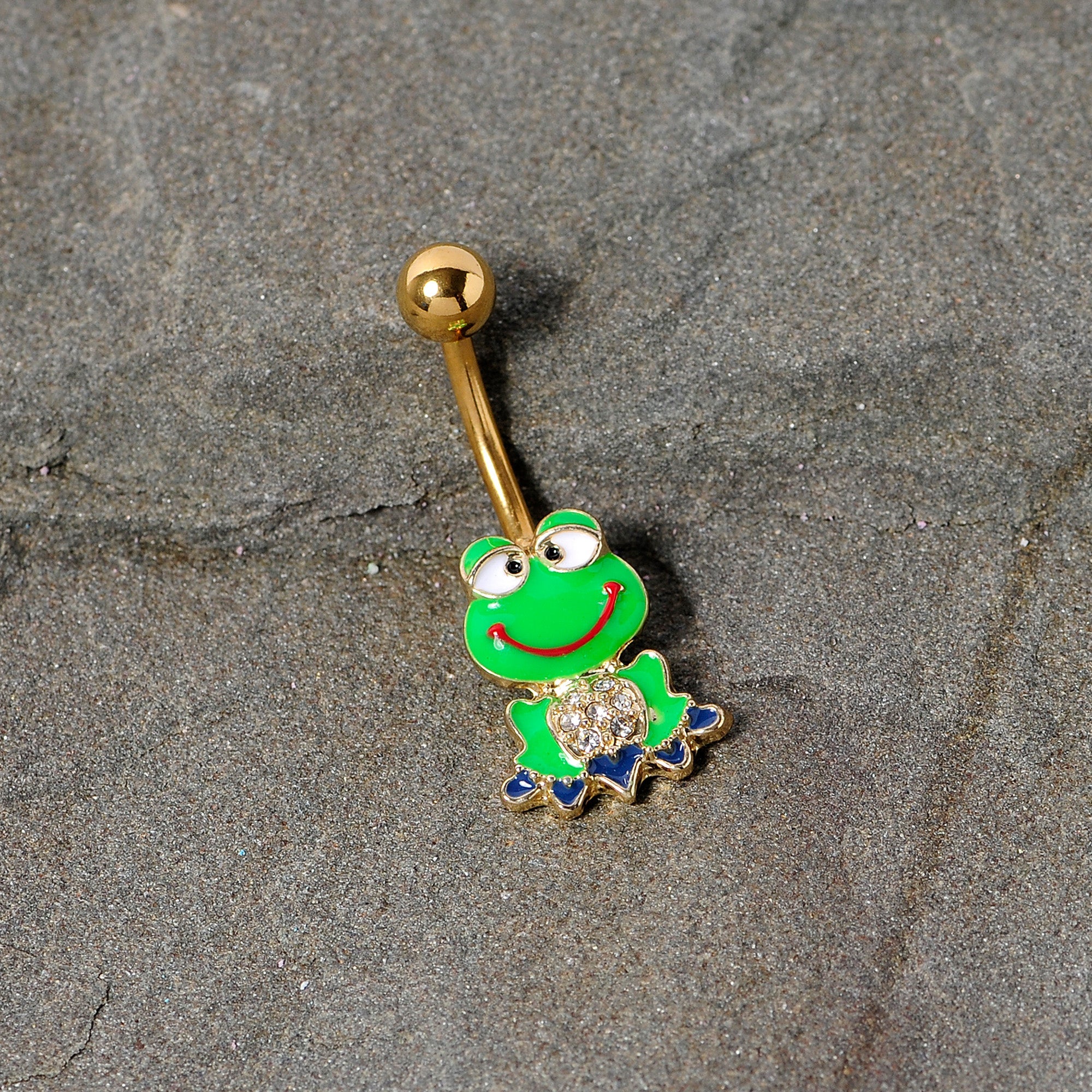 BodyCandy Clear Gem Gold Tone Green Goofy Frog Belly Ring — detail close-up
