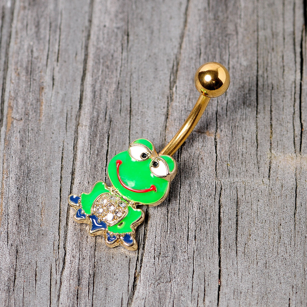 BodyCandy Clear Gem Gold Tone Green Goofy Frog Belly Ring — lifestyle context