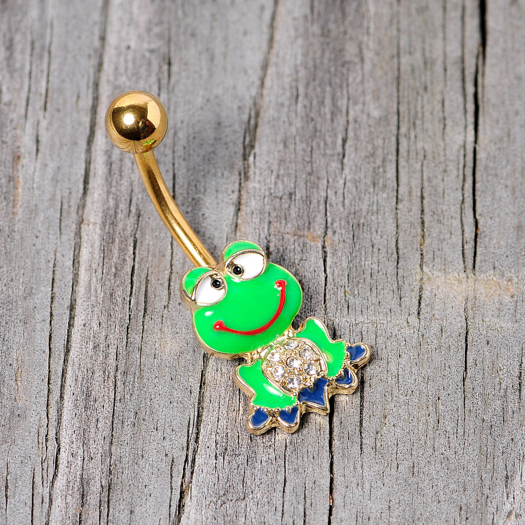 BodyCandy Clear Gem Gold Tone Green Goofy Frog Belly Ring — side view