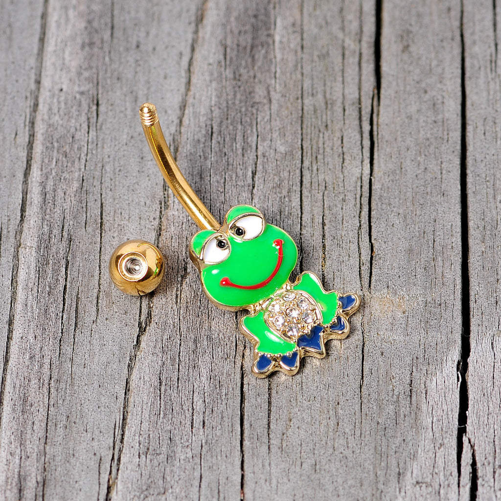 BodyCandy Clear Gem Gold Tone Green Goofy Frog Belly Ring — back view