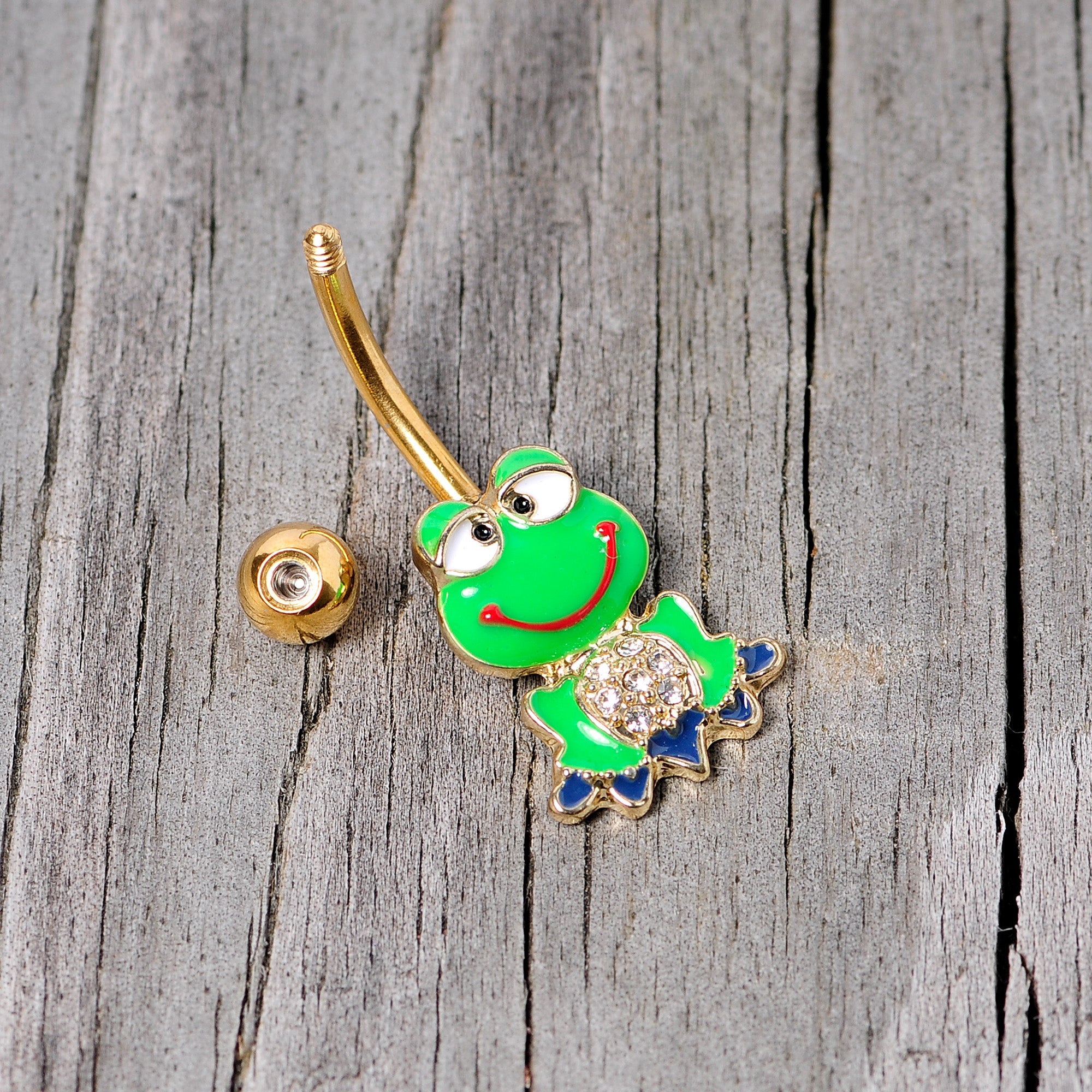 BodyCandy Clear Gem Gold Tone Green Goofy Frog Belly Ring — back view