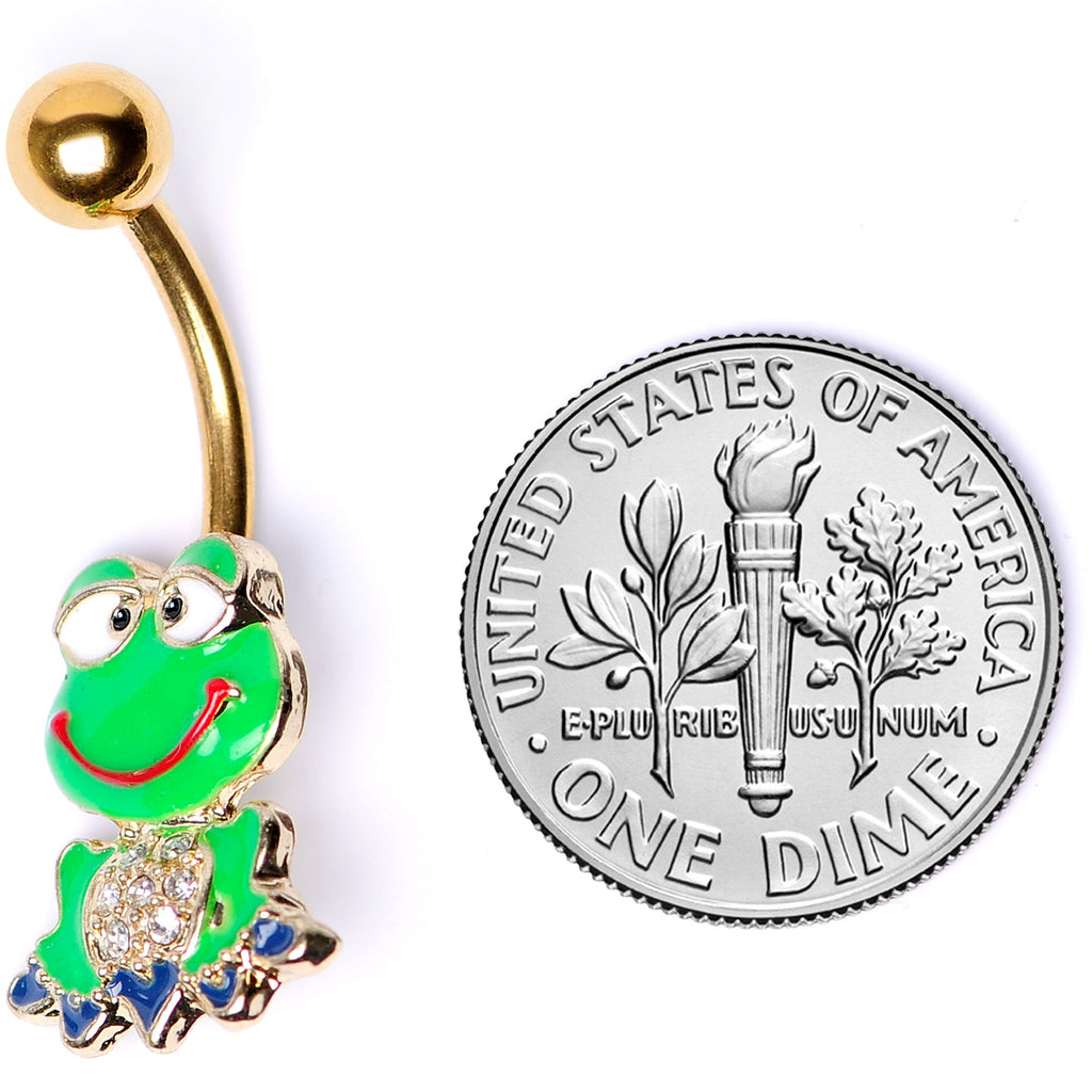 BodyCandy Clear Gem Gold Tone Green Goofy Frog Belly Ring — alternative angle