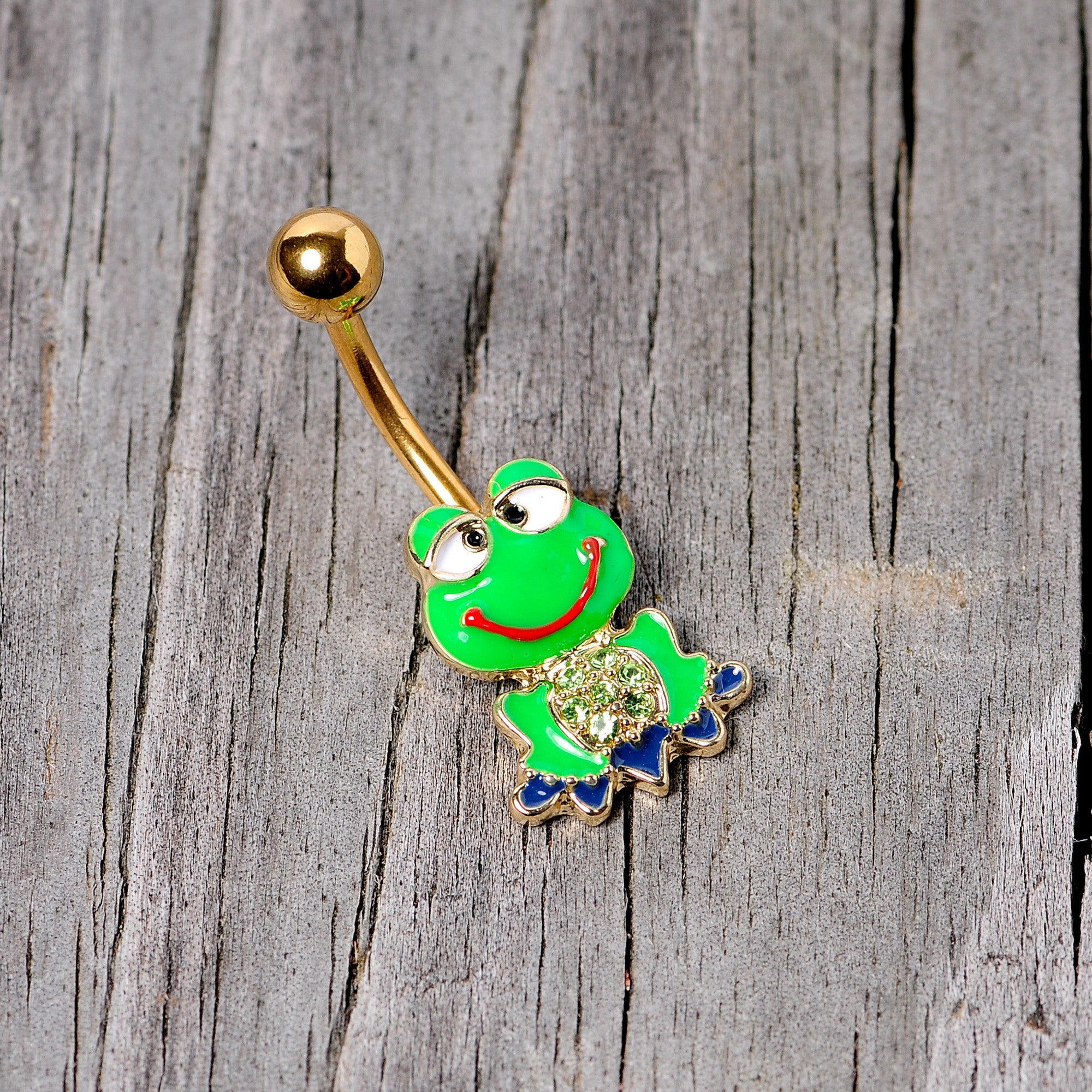BodyCandy Green Gem Gold Tone Green Goofy Frog Belly Ring — lifestyle context