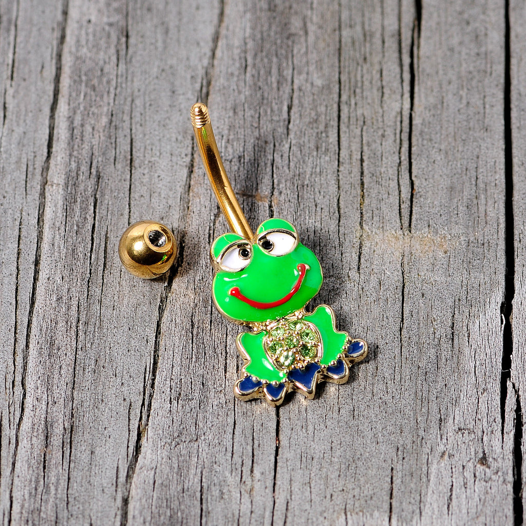 BodyCandy Green Gem Gold Tone Green Goofy Frog Belly Ring — side view