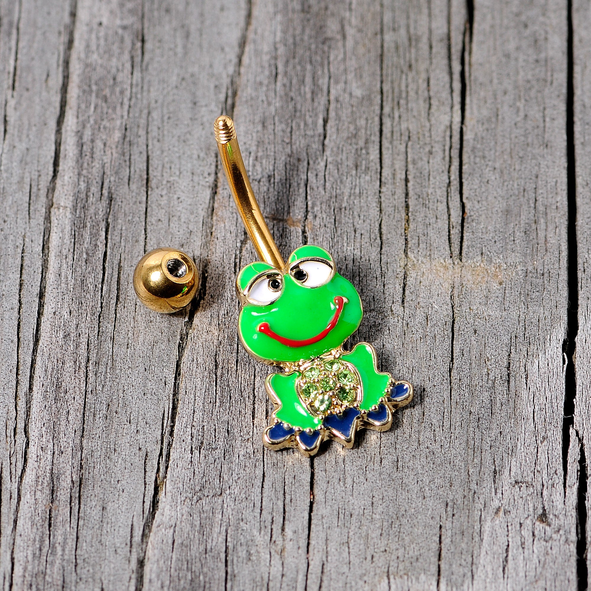 BodyCandy Green Gem Gold Tone Green Goofy Frog Belly Ring — side view
