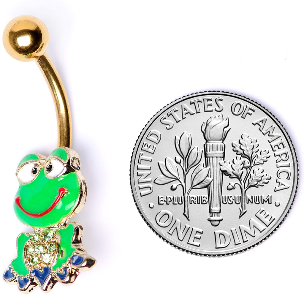 BodyCandy Green Gem Gold Tone Green Goofy Frog Belly Ring — back view