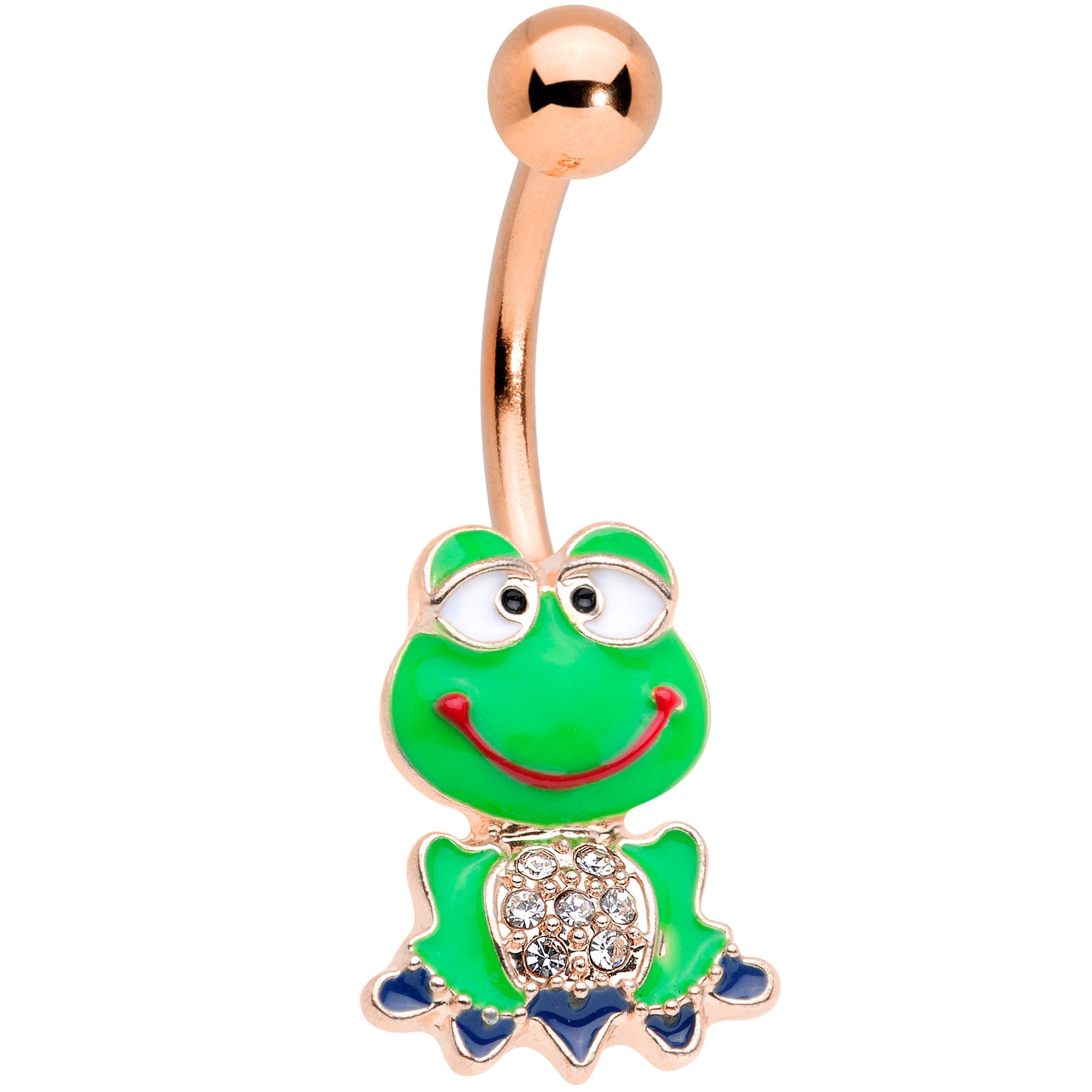 BodyCandy Clear Gem Rose Gold Tone Green Goofy Frog Belly Ring — main product shot