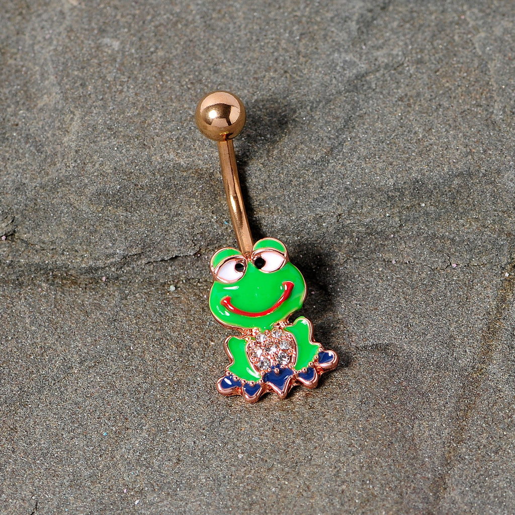 BodyCandy Clear Gem Rose Gold Tone Green Goofy Frog Belly Ring — lifestyle context