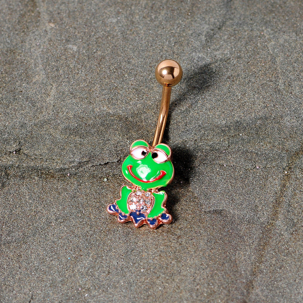 BodyCandy Clear Gem Rose Gold Tone Green Goofy Frog Belly Ring — side view