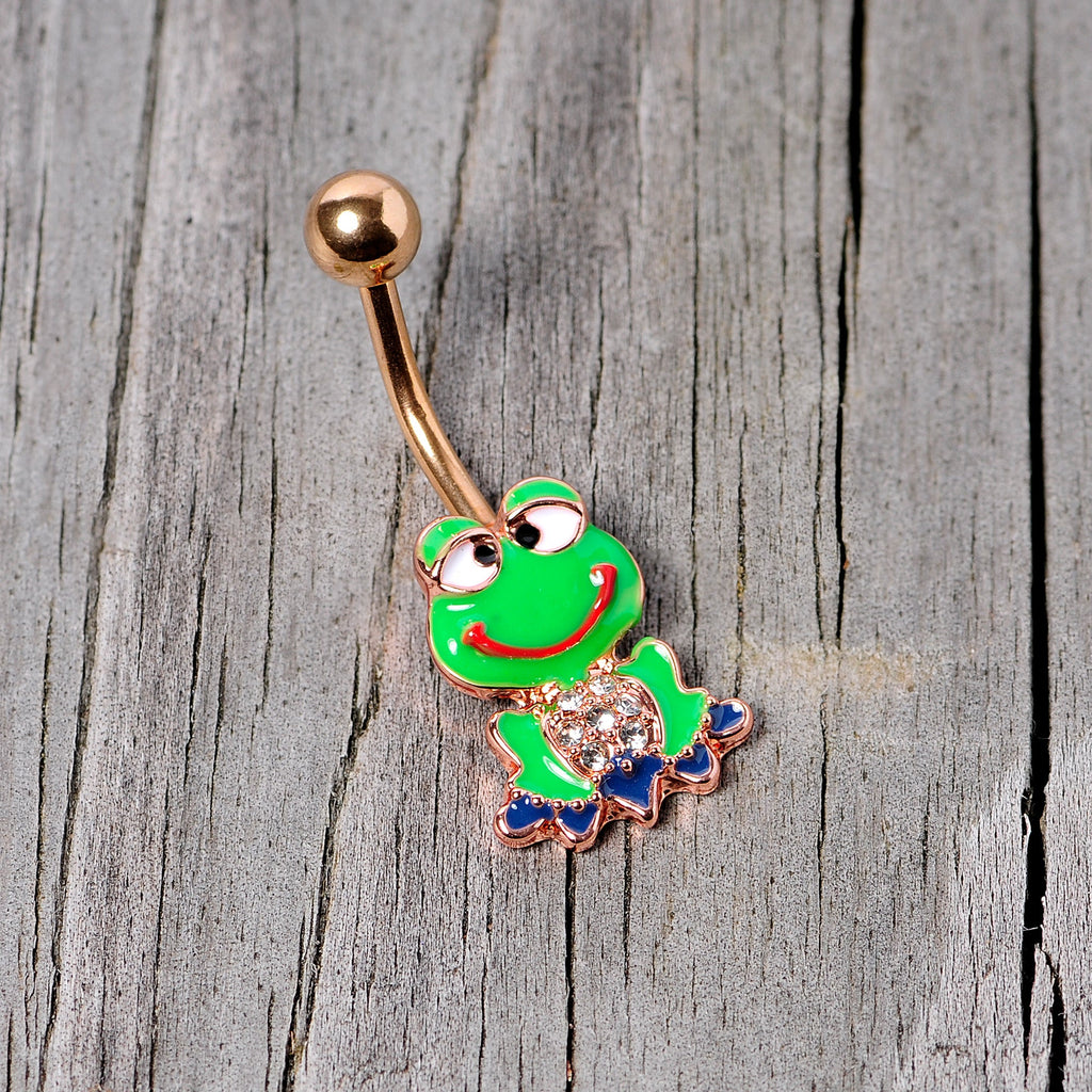 BodyCandy Clear Gem Rose Gold Tone Green Goofy Frog Belly Ring — back view