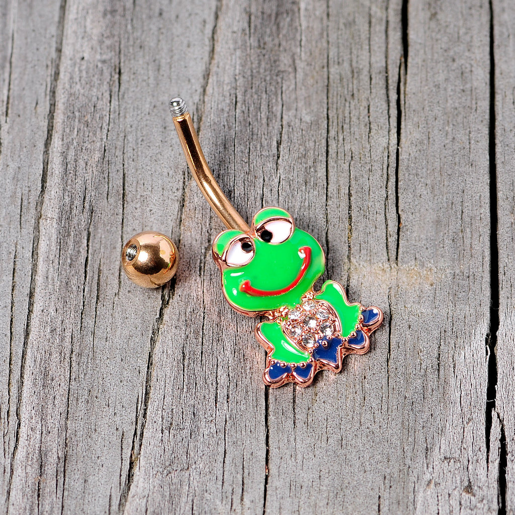 BodyCandy Clear Gem Rose Gold Tone Green Goofy Frog Belly Ring — alternative angle
