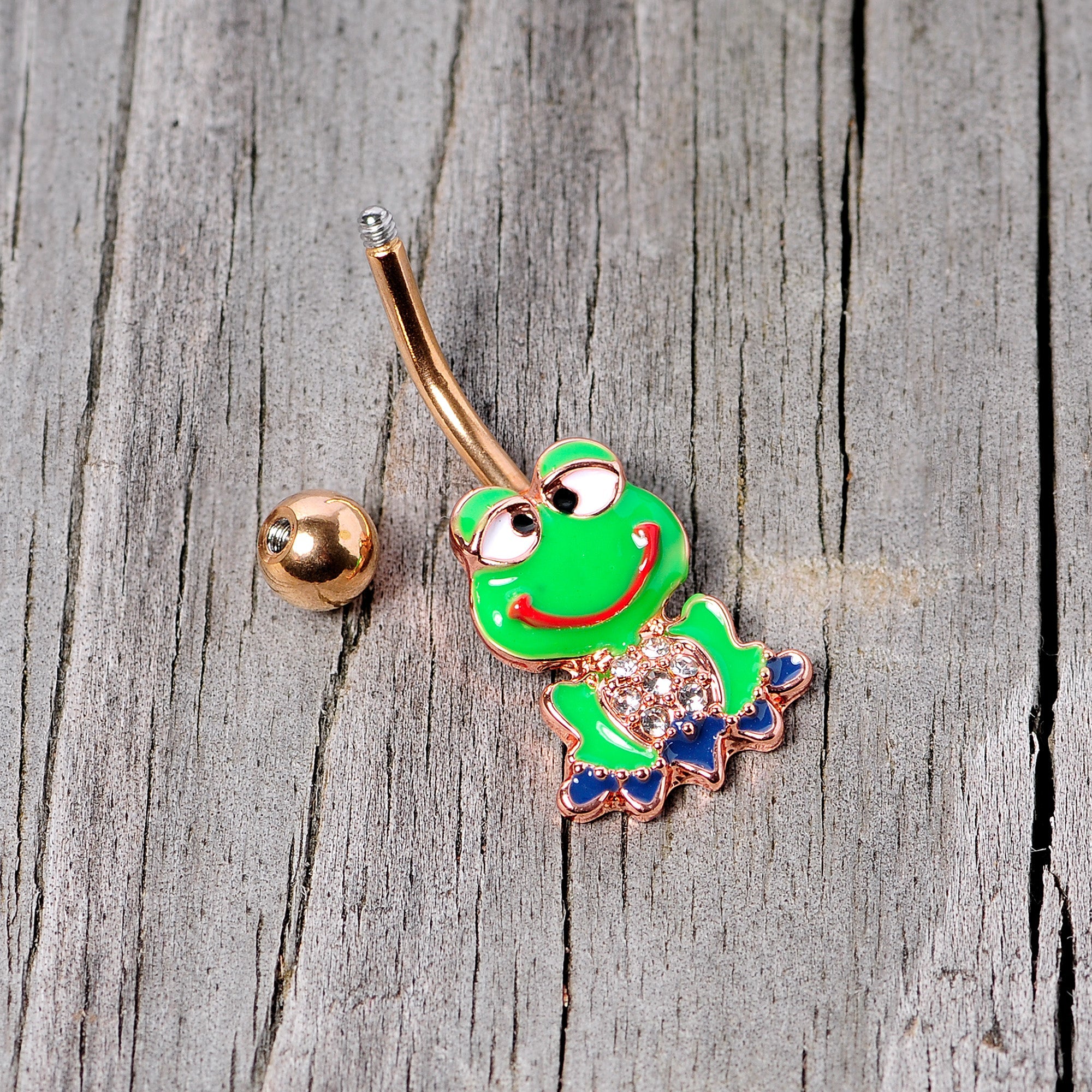 BodyCandy Clear Gem Rose Gold Tone Green Goofy Frog Belly Ring — alternative angle