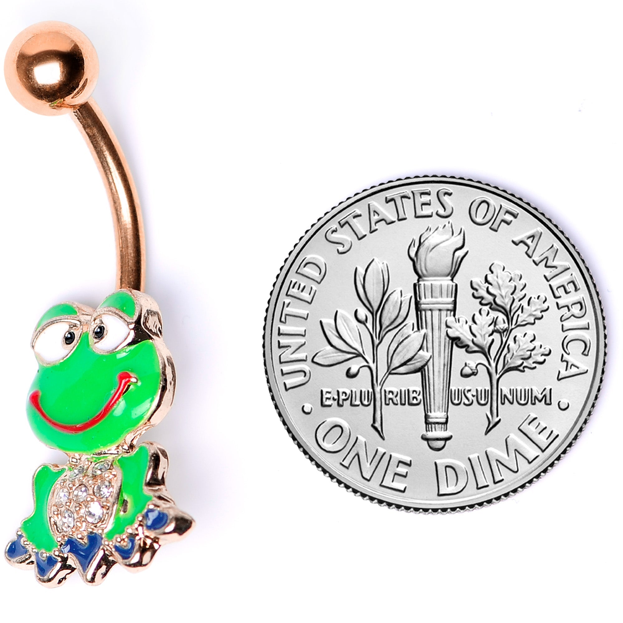 BodyCandy Clear Gem Rose Gold Tone Green Goofy Frog Belly Ring — in-use photo