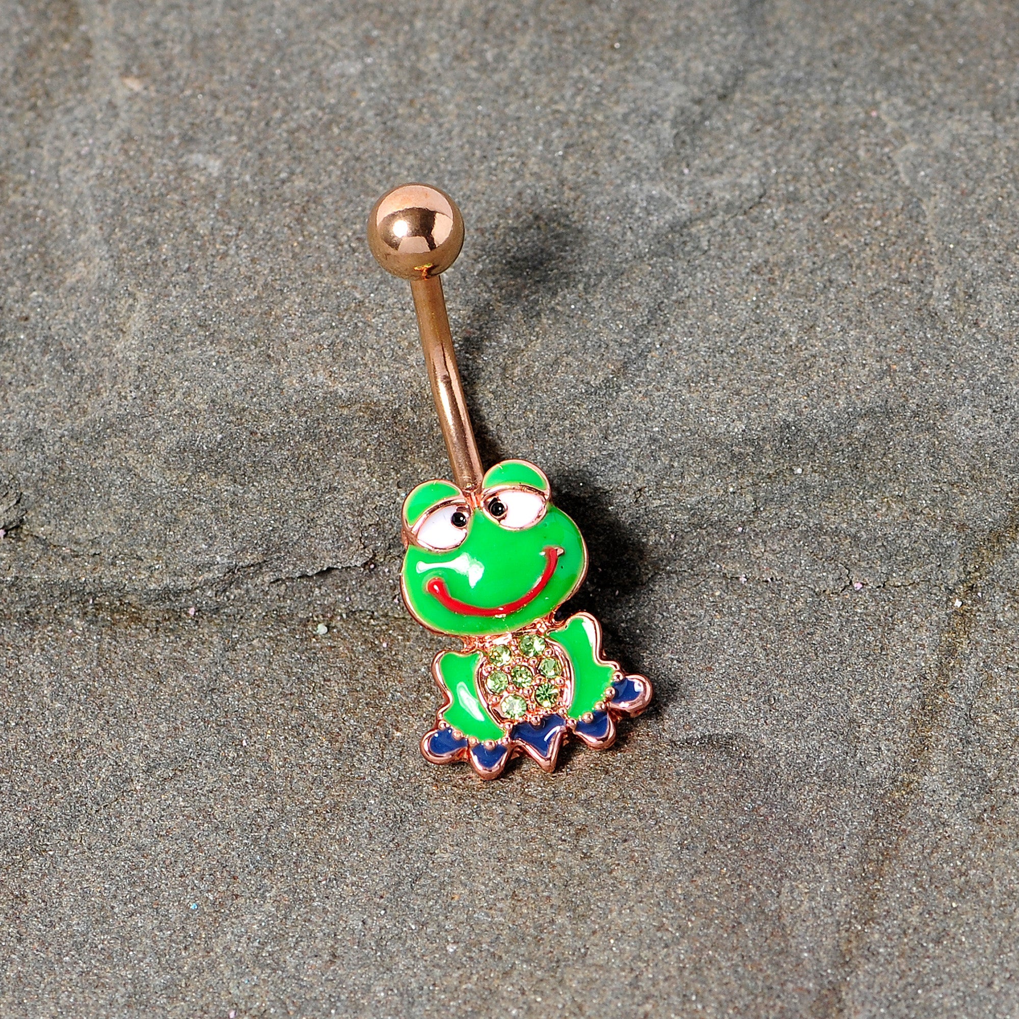 BodyCandy Green Gem Rose Gold Tone Green Goofy Frog Belly Ring — lifestyle context