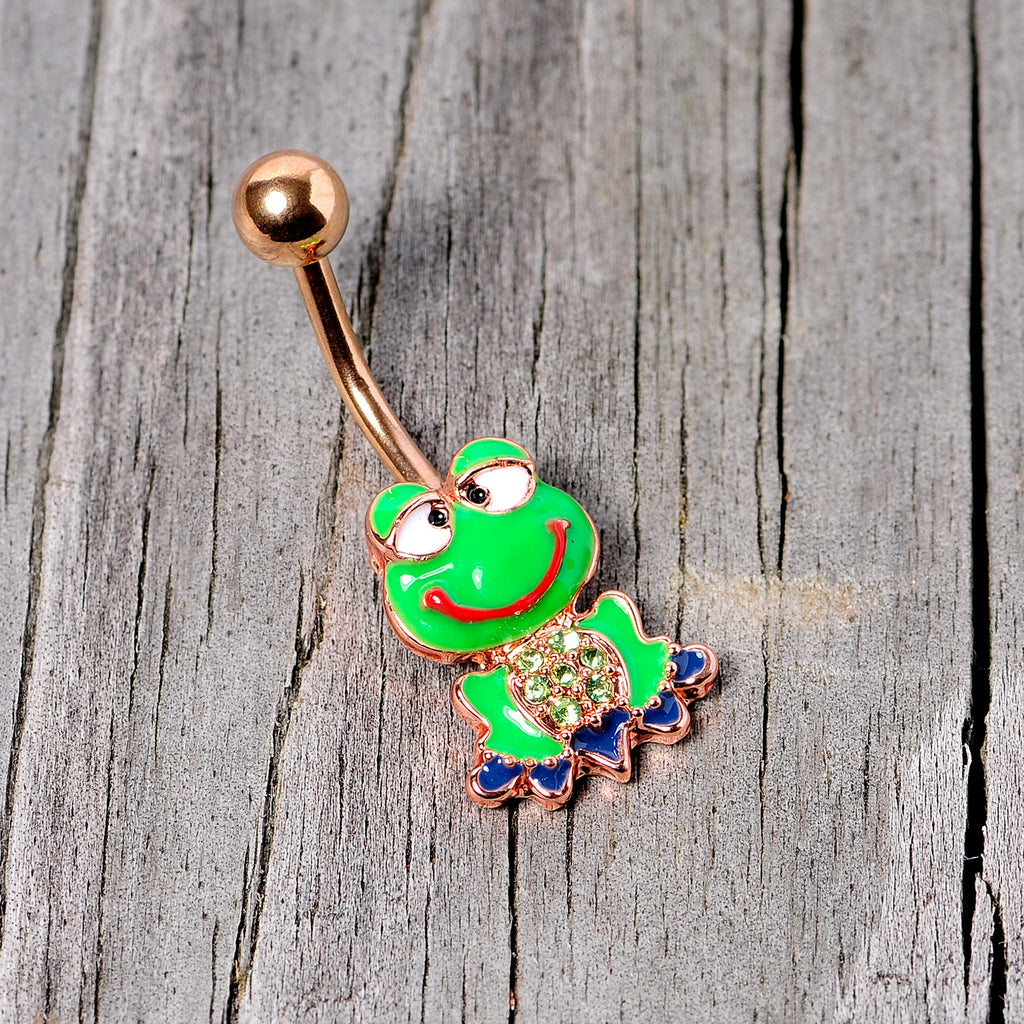 BodyCandy Green Gem Rose Gold Tone Green Goofy Frog Belly Ring — side view