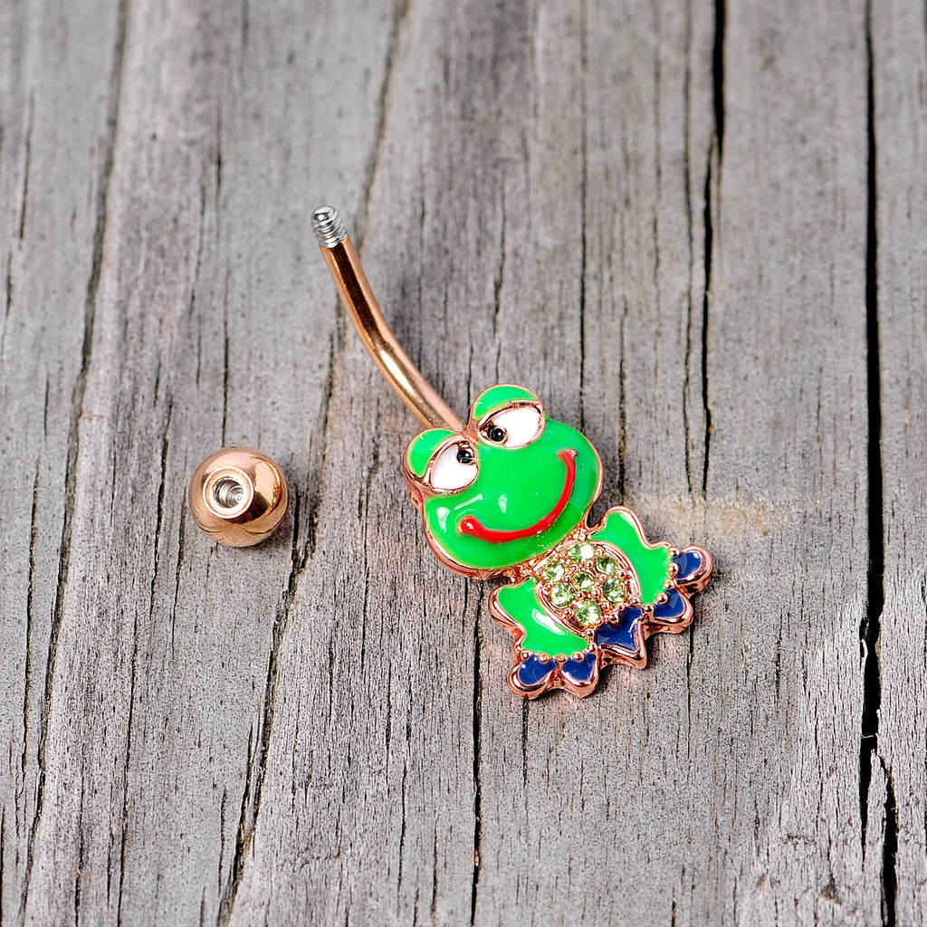 BodyCandy Green Gem Rose Gold Tone Green Goofy Frog Belly Ring — back view
