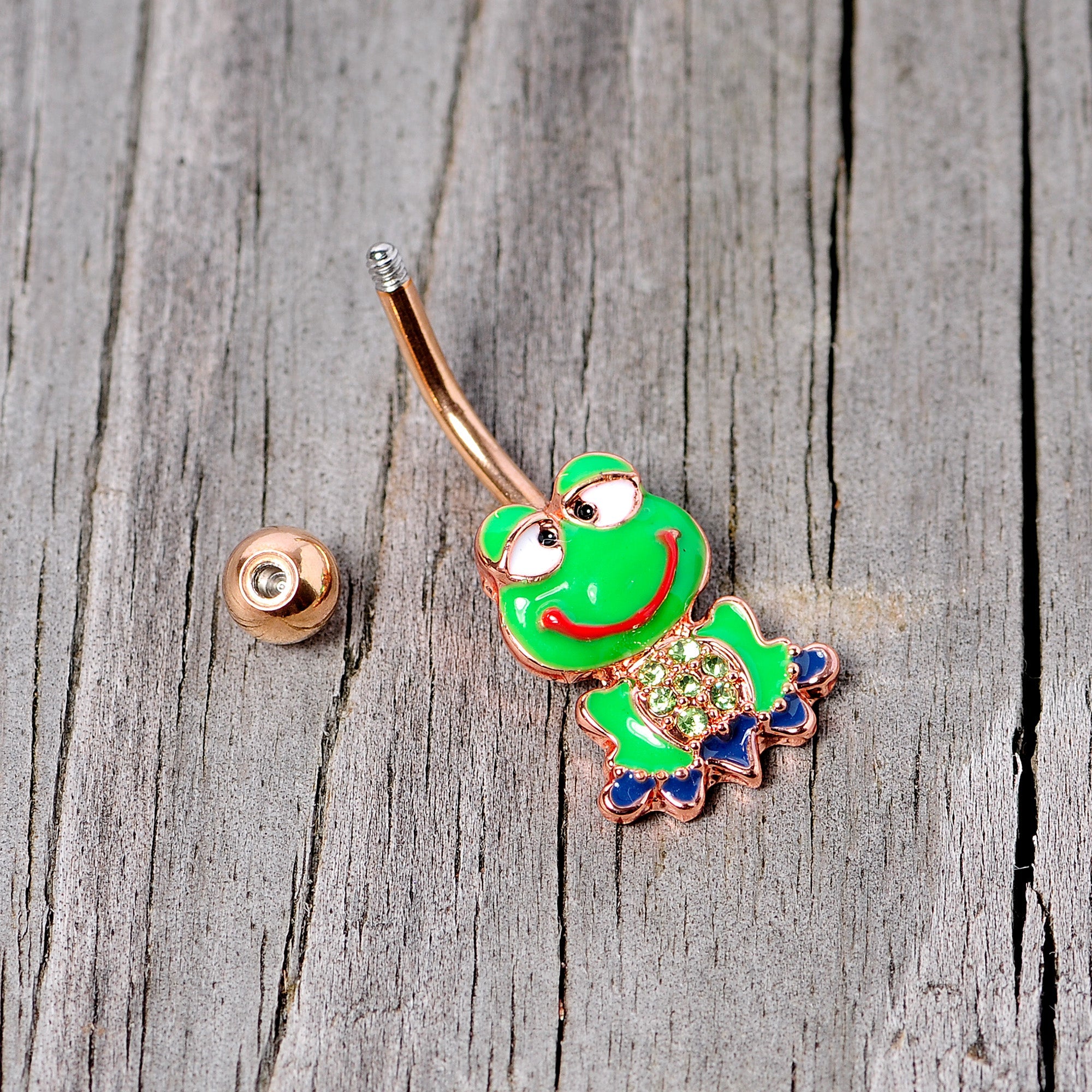 BodyCandy Green Gem Rose Gold Tone Green Goofy Frog Belly Ring — back view