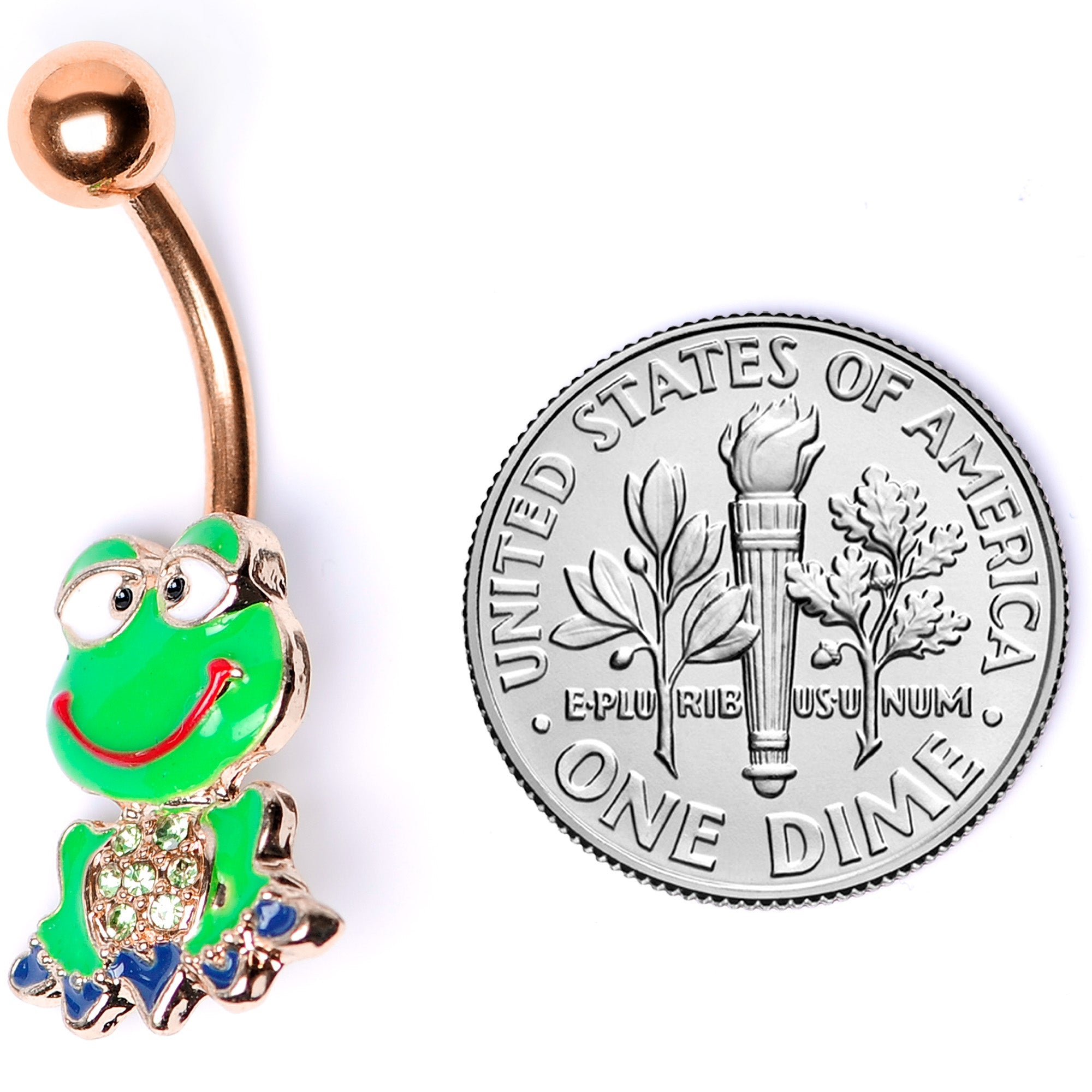 BodyCandy Green Gem Rose Gold Tone Green Goofy Frog Belly Ring — alternative angle