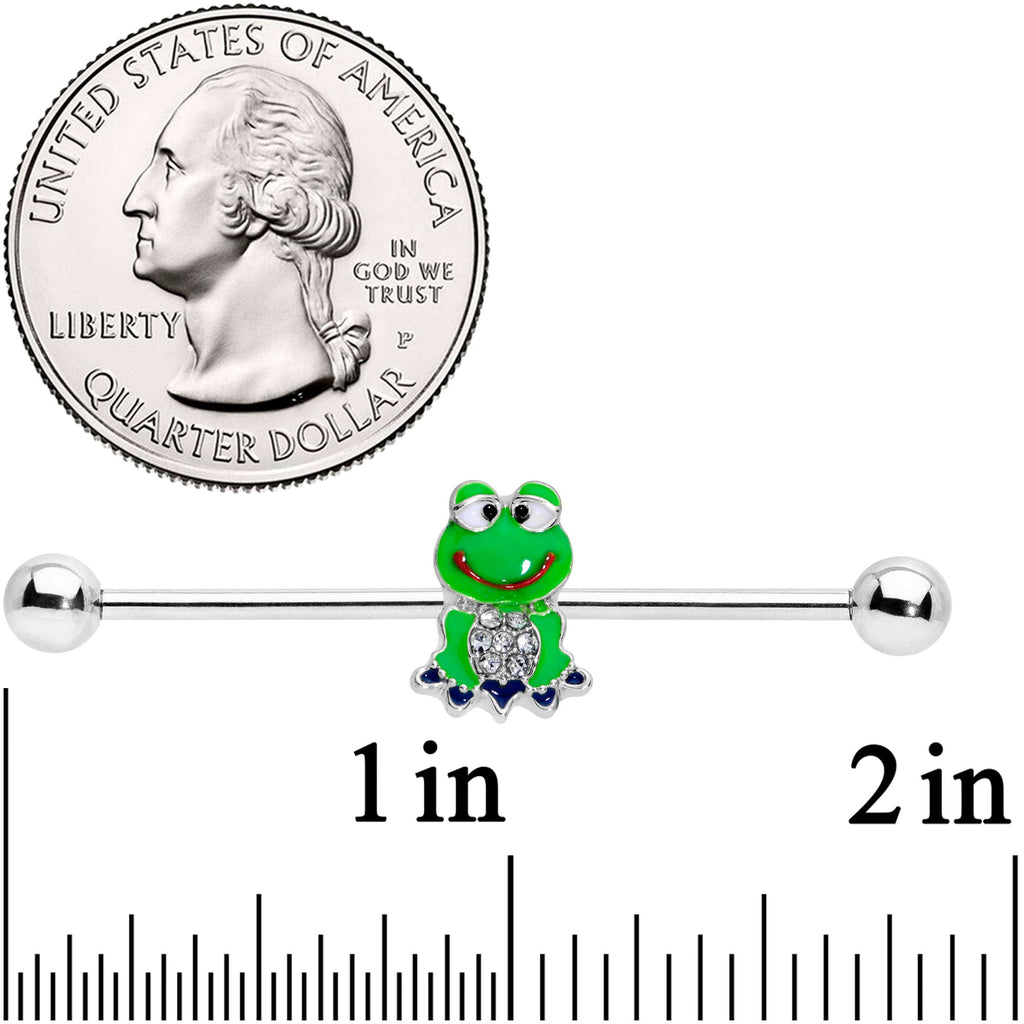 BodyCandy 14G Clear Gem Green Goofy Frog Industrial Barbell 38mm — detail close-up