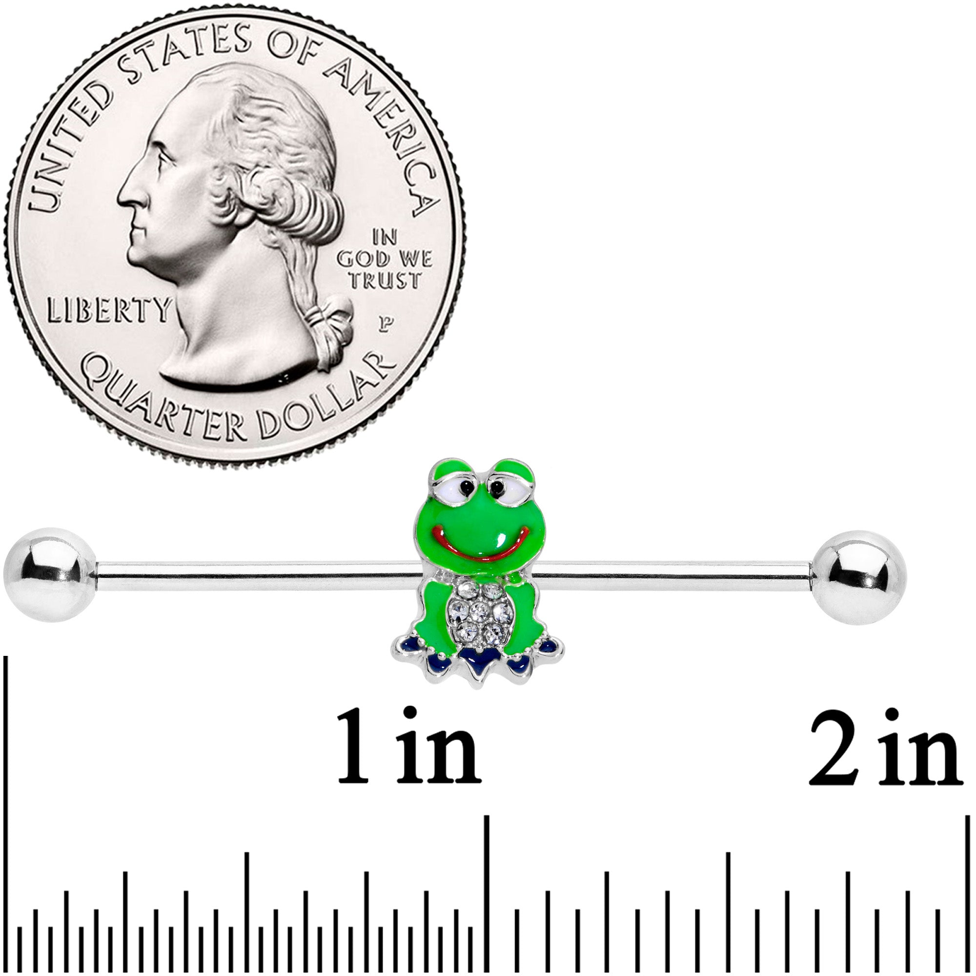 BodyCandy 14G Clear Gem Green Goofy Frog Industrial Barbell 38mm — detail close-up