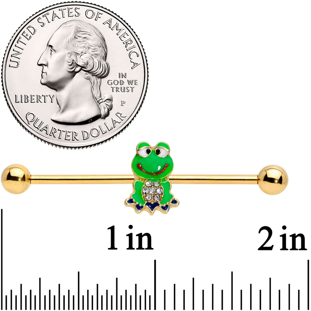 BodyCandy 14G Clear Gem Gold Tone Green Goofy Frog Industrial Barbell 38mm — detail close-up