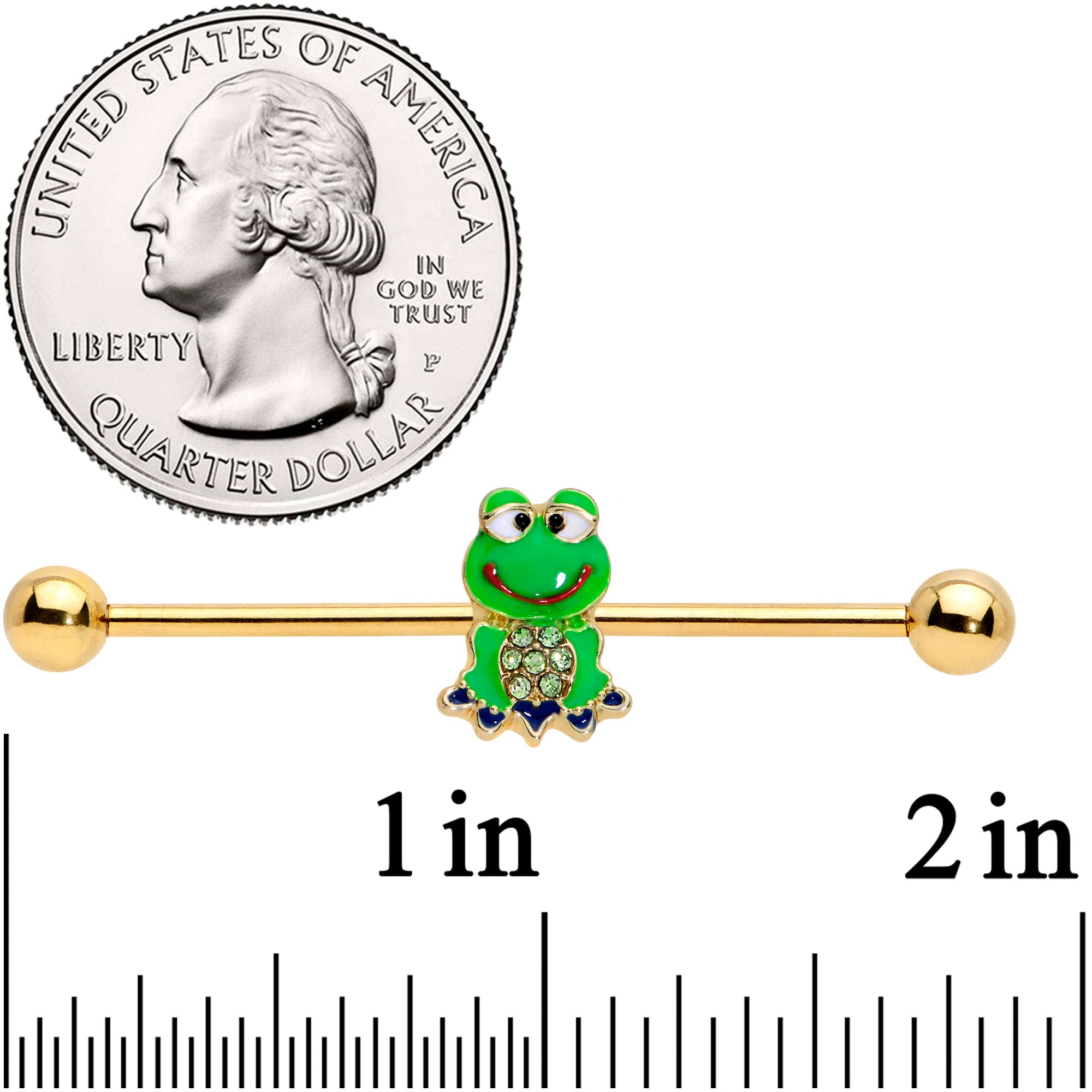 BodyCandy 14G Green Gem Gold Tone Green Goofy Frog Industrial Barbell 38mm — detail close-up