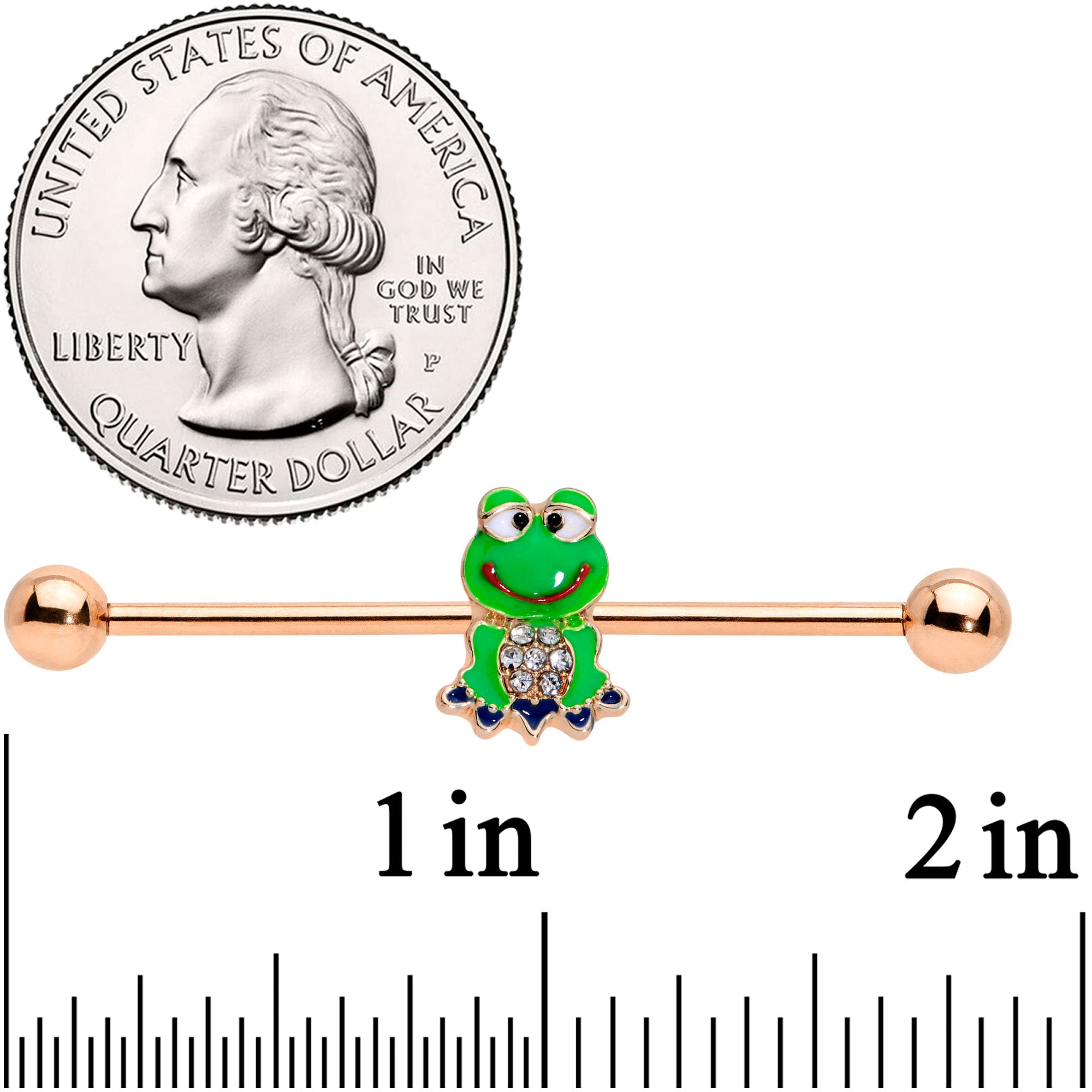 BodyCandy 14G Clear Gem Rose Gold Tone Green Frog Industrial Barbell 38mm — detail close-up