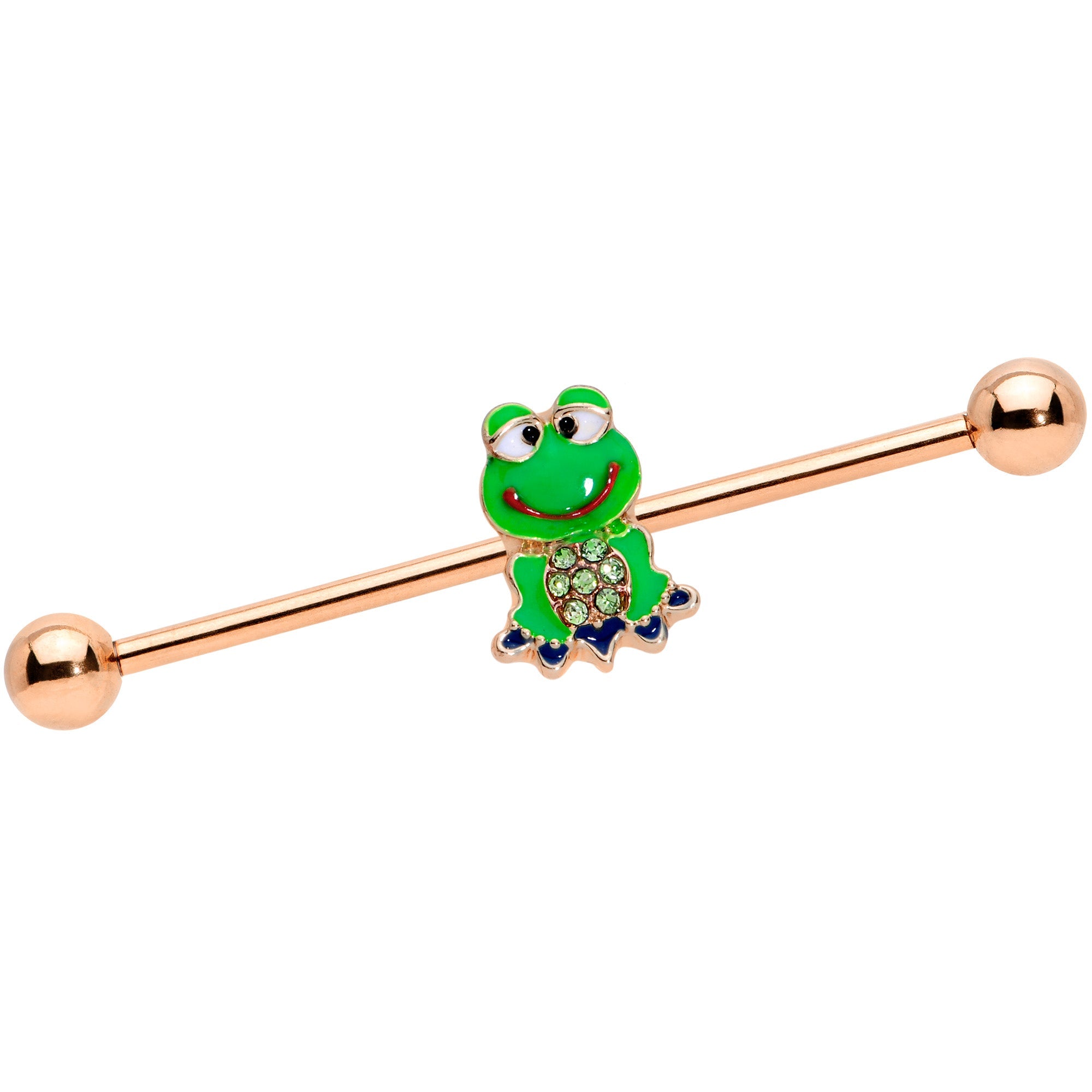 BodyCandy 14G Green Gem Rose Gold Tone Green Frog Industrial Barbell 38mm — main product shot