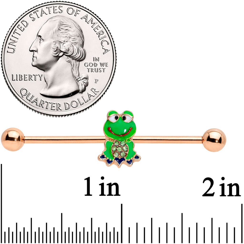 BodyCandy 14G Green Gem Rose Gold Tone Green Frog Industrial Barbell 38mm — detail close-up