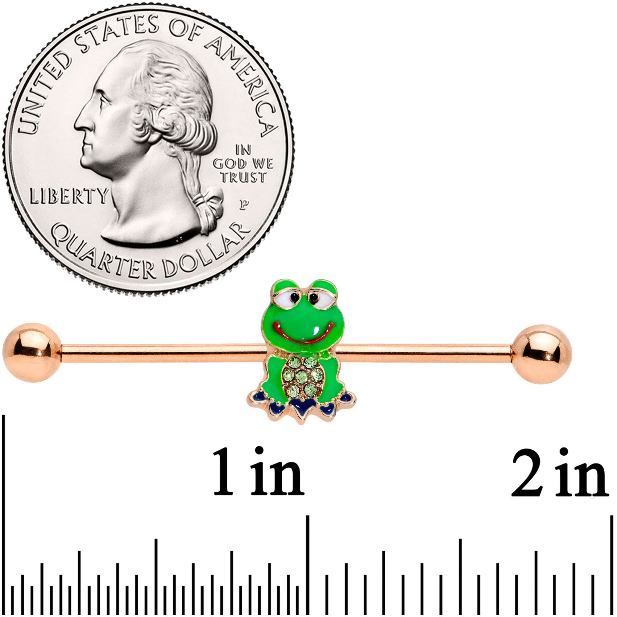 BodyCandy 14G Green Gem Rose Gold Tone Green Frog Industrial Barbell 38mm — detail close-up