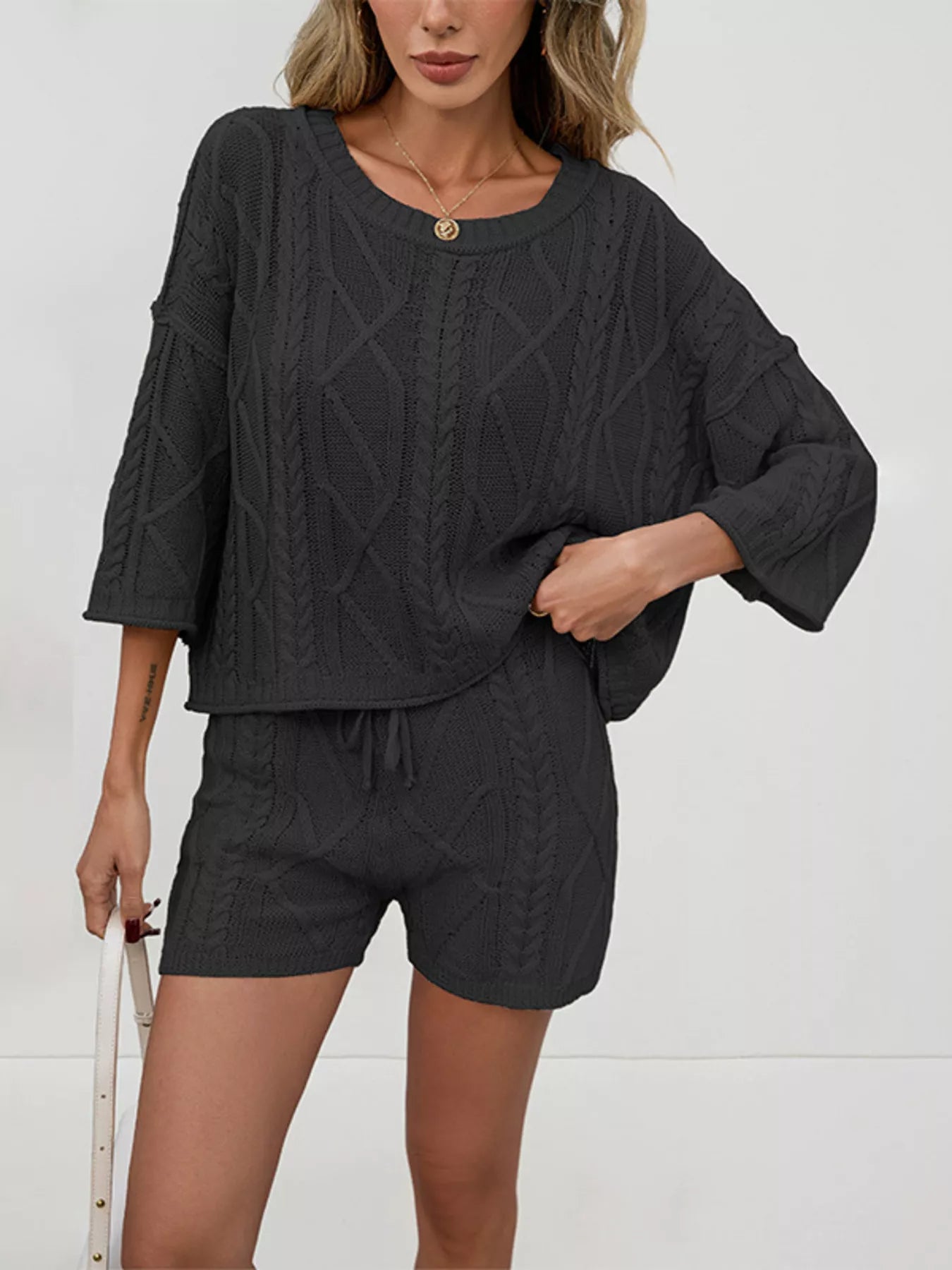 Cable Knit Round Neck Top and Shorts Sweater Set
