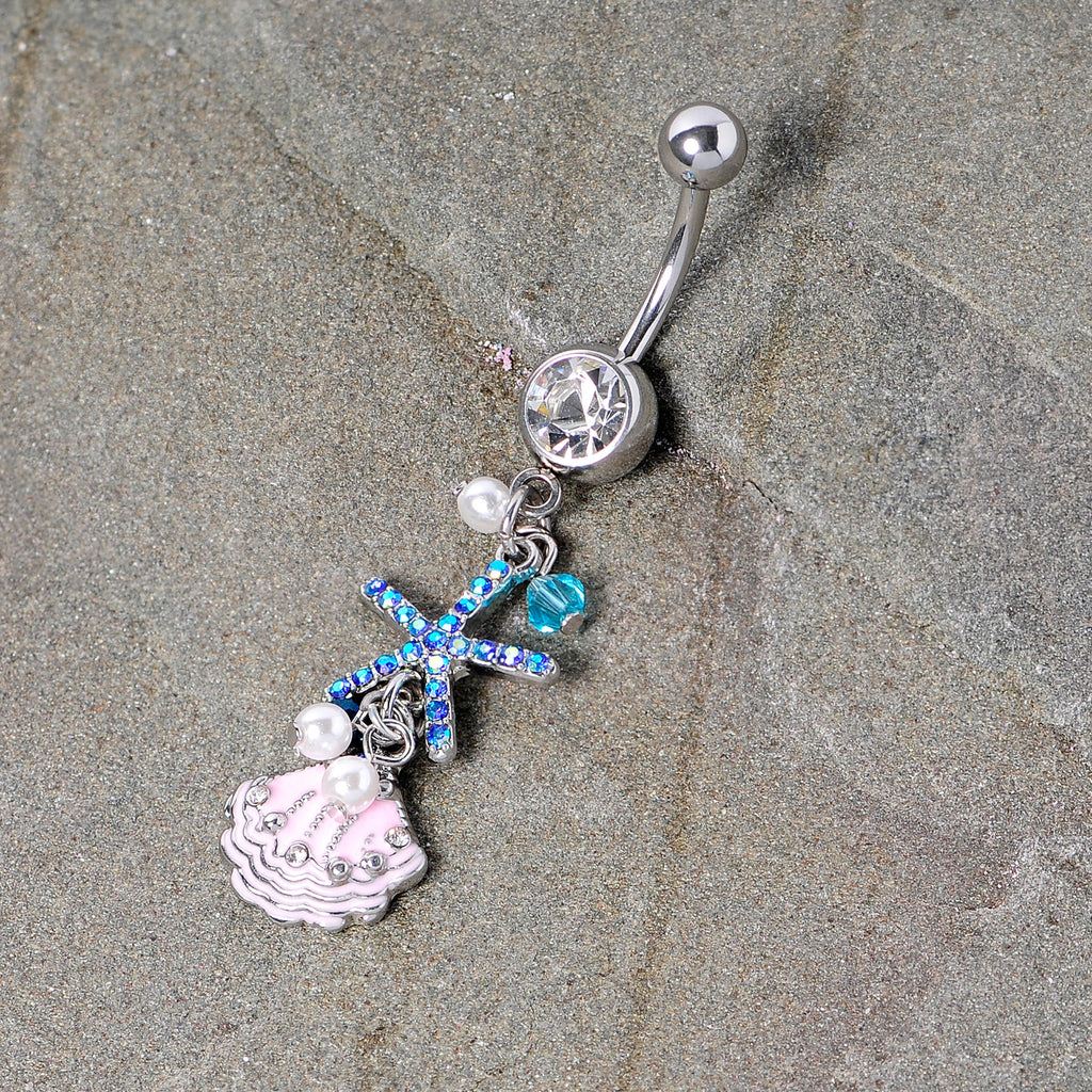 BodyCandy Clear Blue Gem Ocean Treasure Nautical Dangle Belly Ring — detail close-up