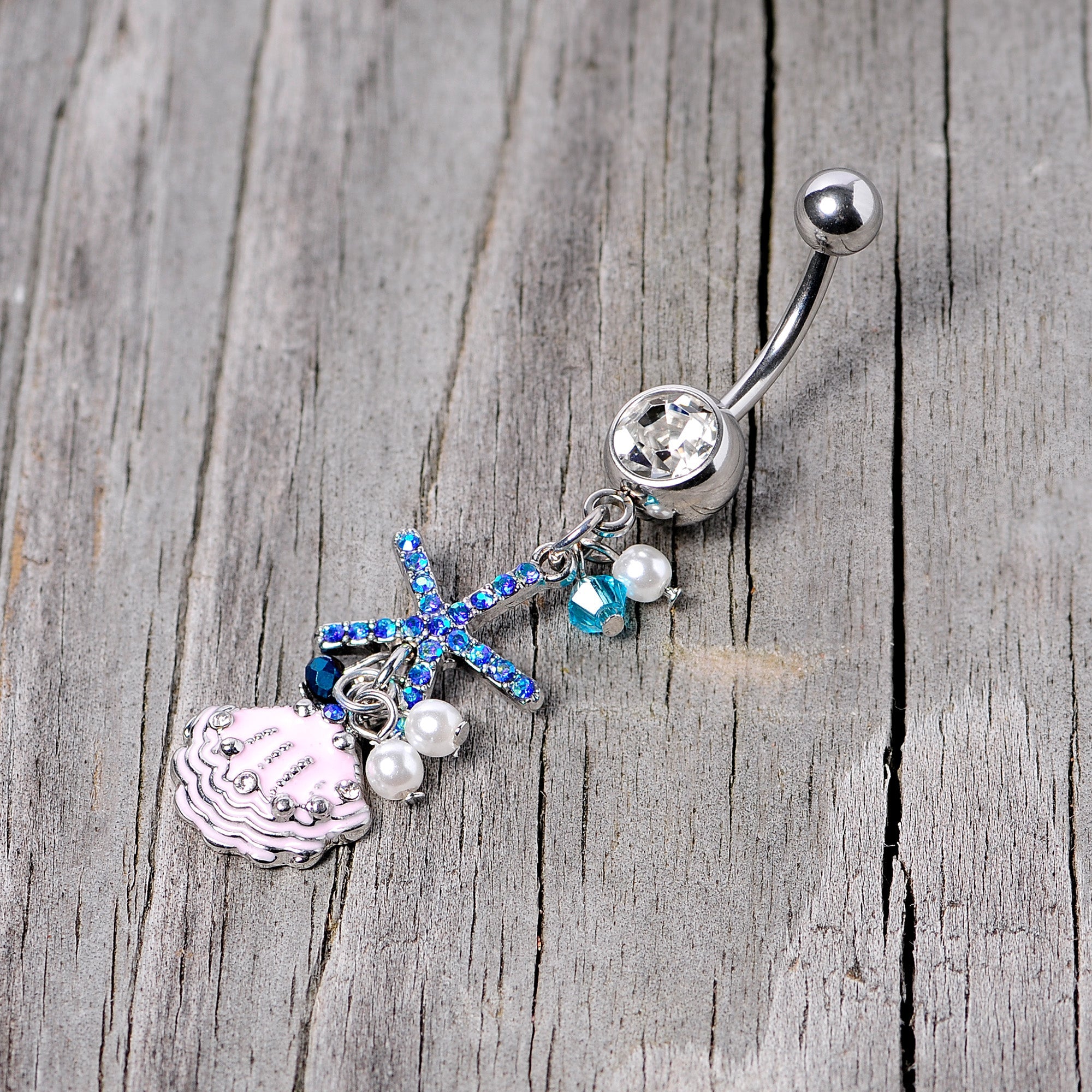 BodyCandy Clear Blue Gem Ocean Treasure Nautical Dangle Belly Ring — side view