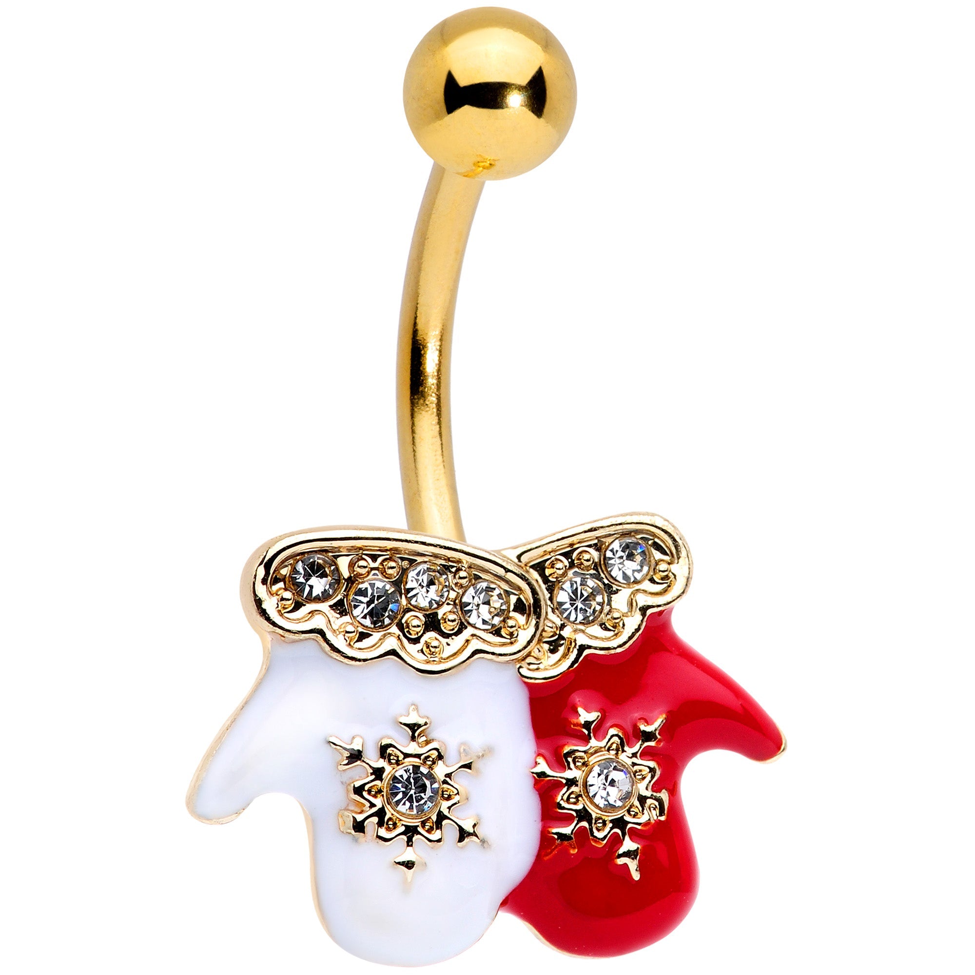BodyCandy Clear Gem Gold Tone Winter Mittens Snowflake Christmas Belly Ring — main product shot
