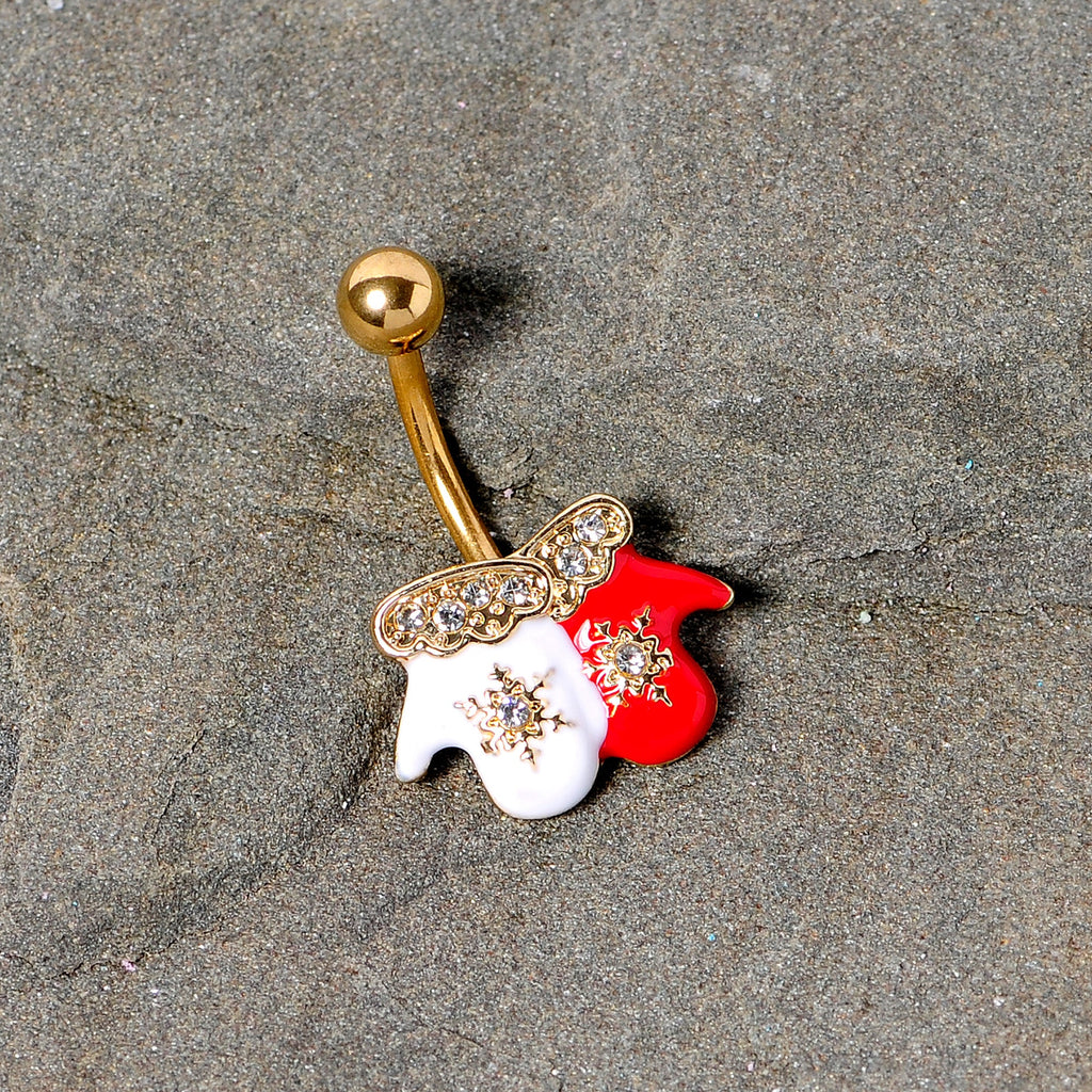 BodyCandy Clear Gem Gold Tone Winter Mittens Snowflake Christmas Belly Ring — detail close-up