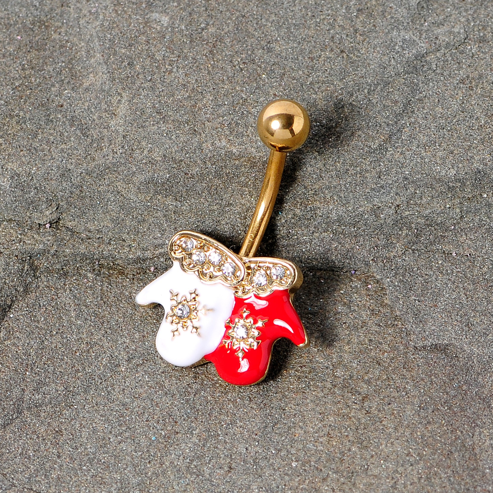 BodyCandy Clear Gem Gold Tone Winter Mittens Snowflake Christmas Belly Ring — lifestyle context