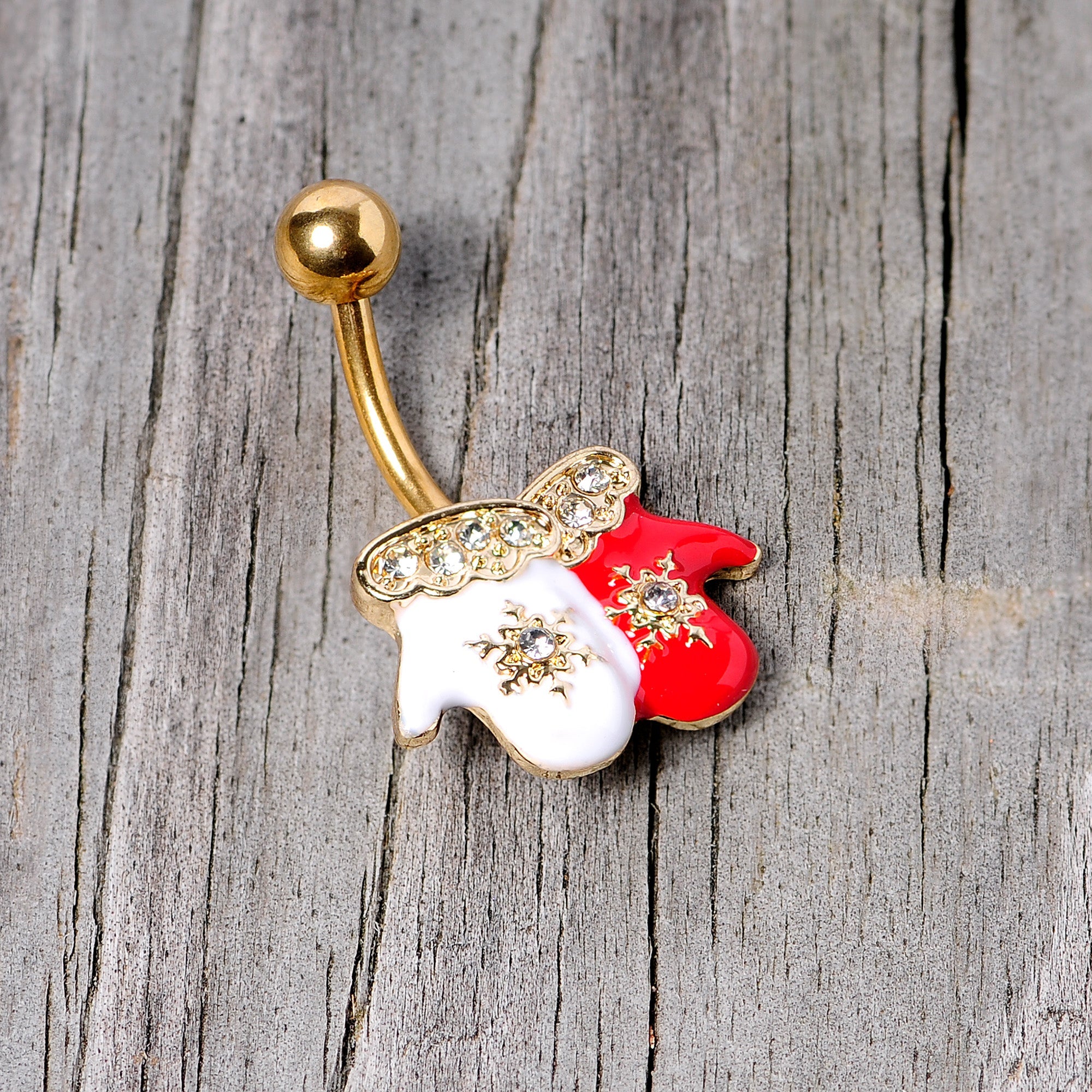BodyCandy Clear Gem Gold Tone Winter Mittens Snowflake Christmas Belly Ring — side view